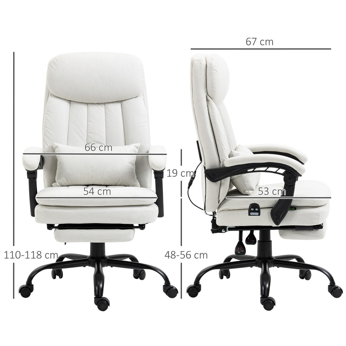 BÜROSTUHL mit Massagefunktion, Creme - Weiß, Kunststoff (67/118/66cm) - Vinsetto