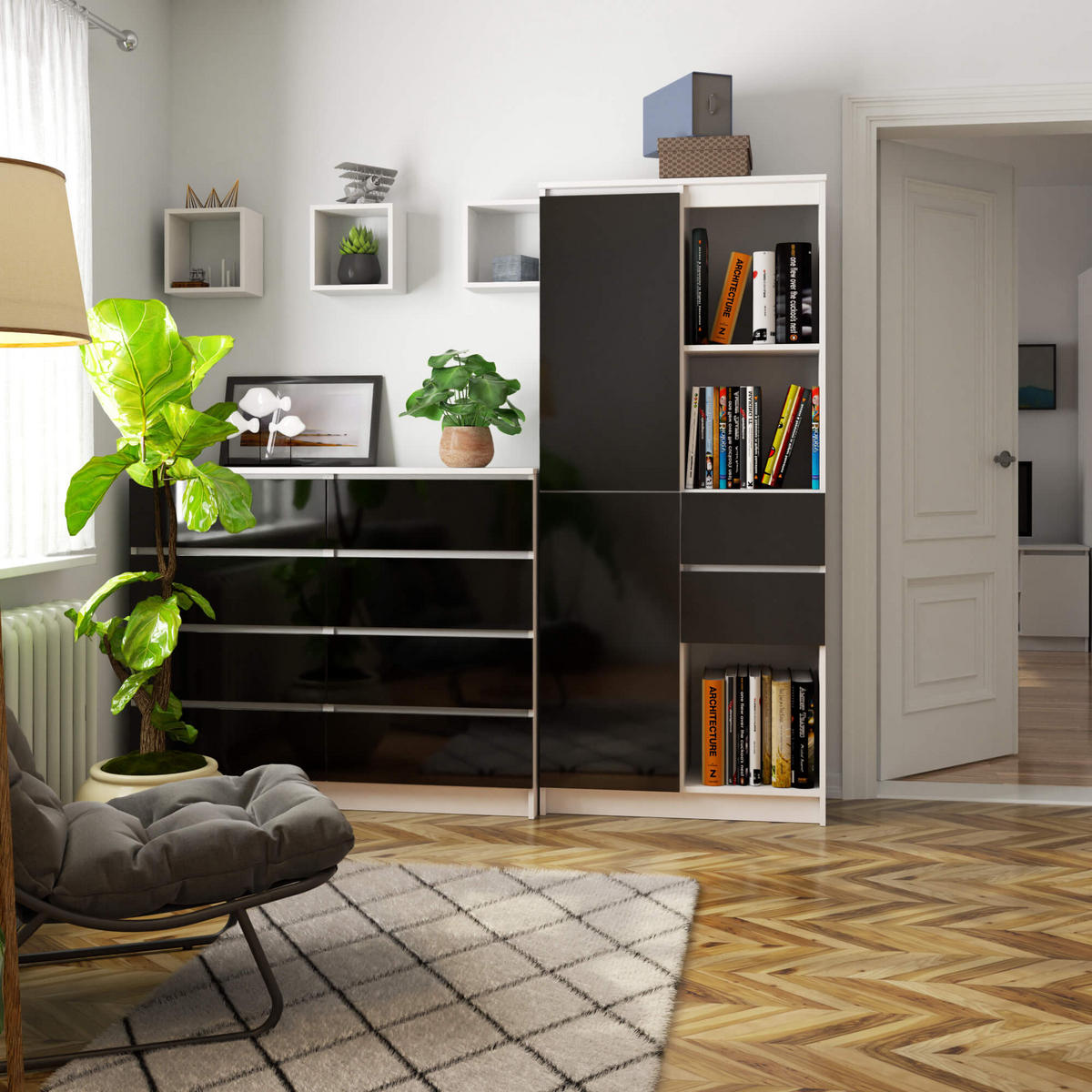 STANDREGAL Weiß, Schwarz Glanz 180/80/35 - Weiß, Holzwerkstoff (80/180/35cm) - RAUMHIRSCH FURNITURE