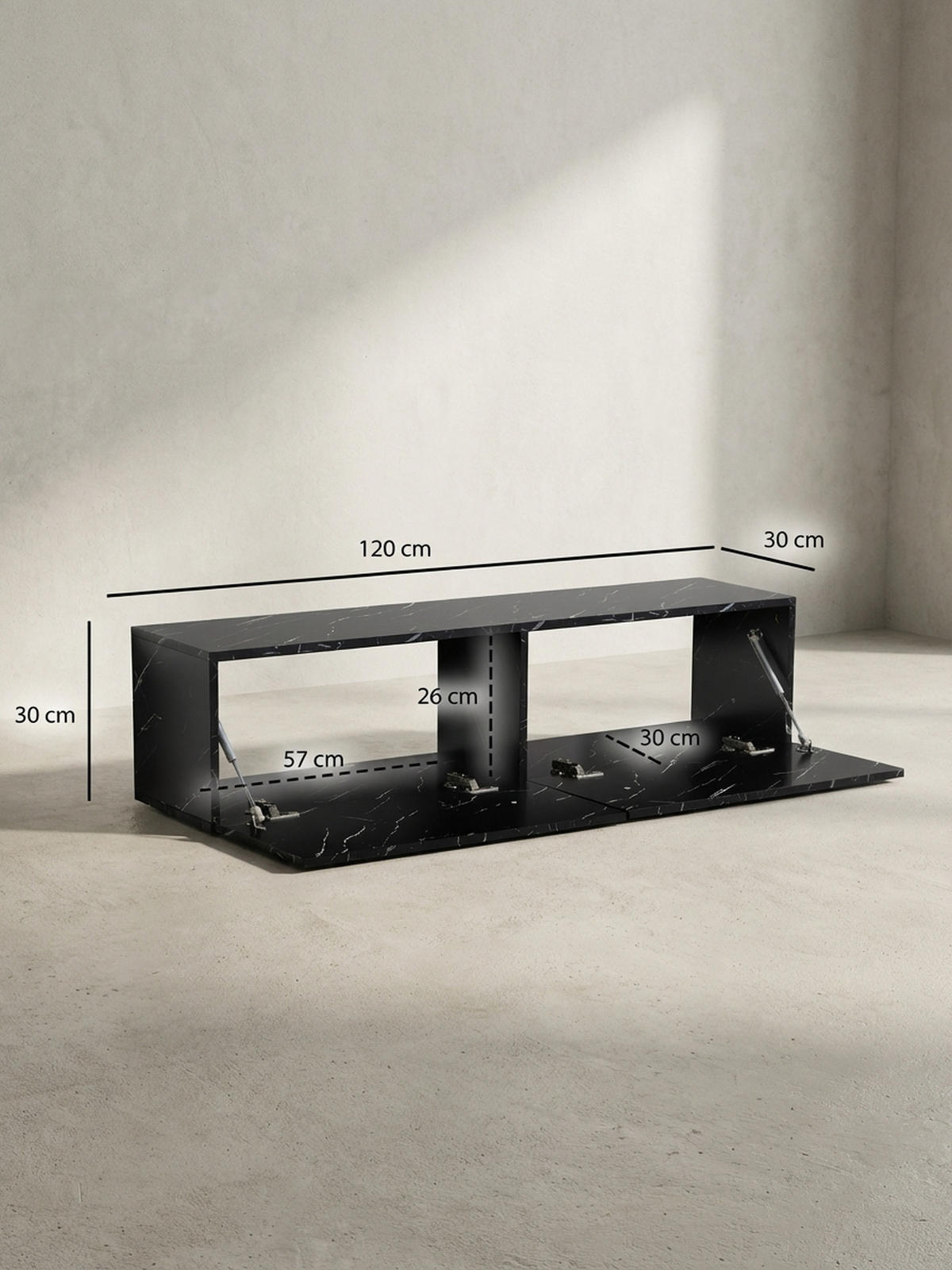 TV-LOWBOARD hängend, Marmor-Optik, Klapptüren, modern, Schwarz 120x30x30 cm - Schwarz, Metall (120/30/30cm) - KADIMA DESIGN