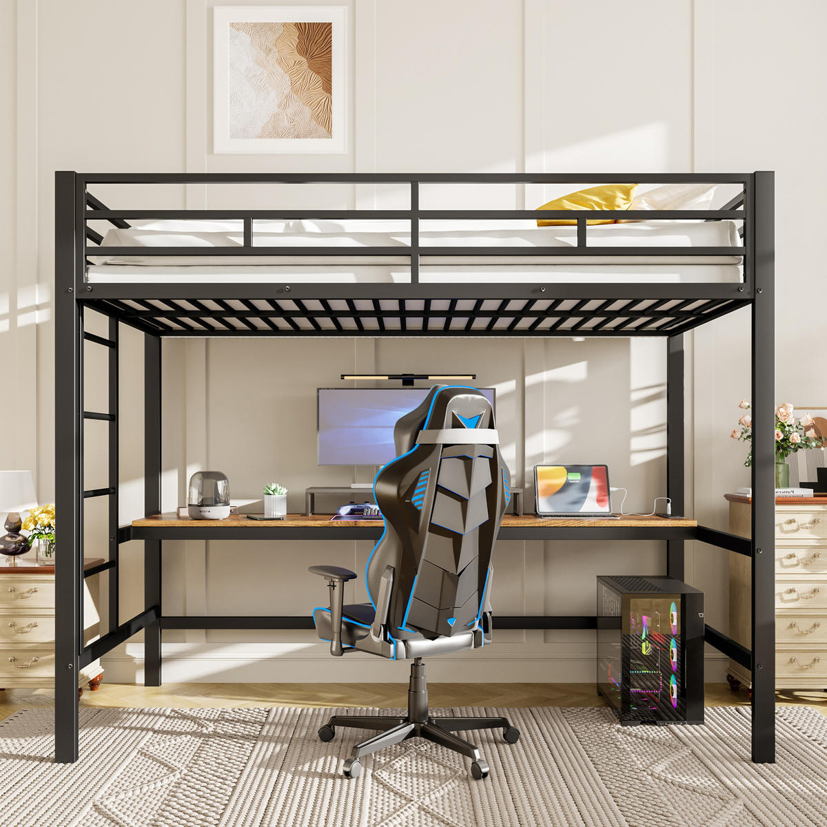 HOCHBETT 90/200 cm aus Metall mit Schreibtisch, LED-Beleuchtung und Anschlüssen - Schwarz, Metall (90/200cm) - Flora Grace