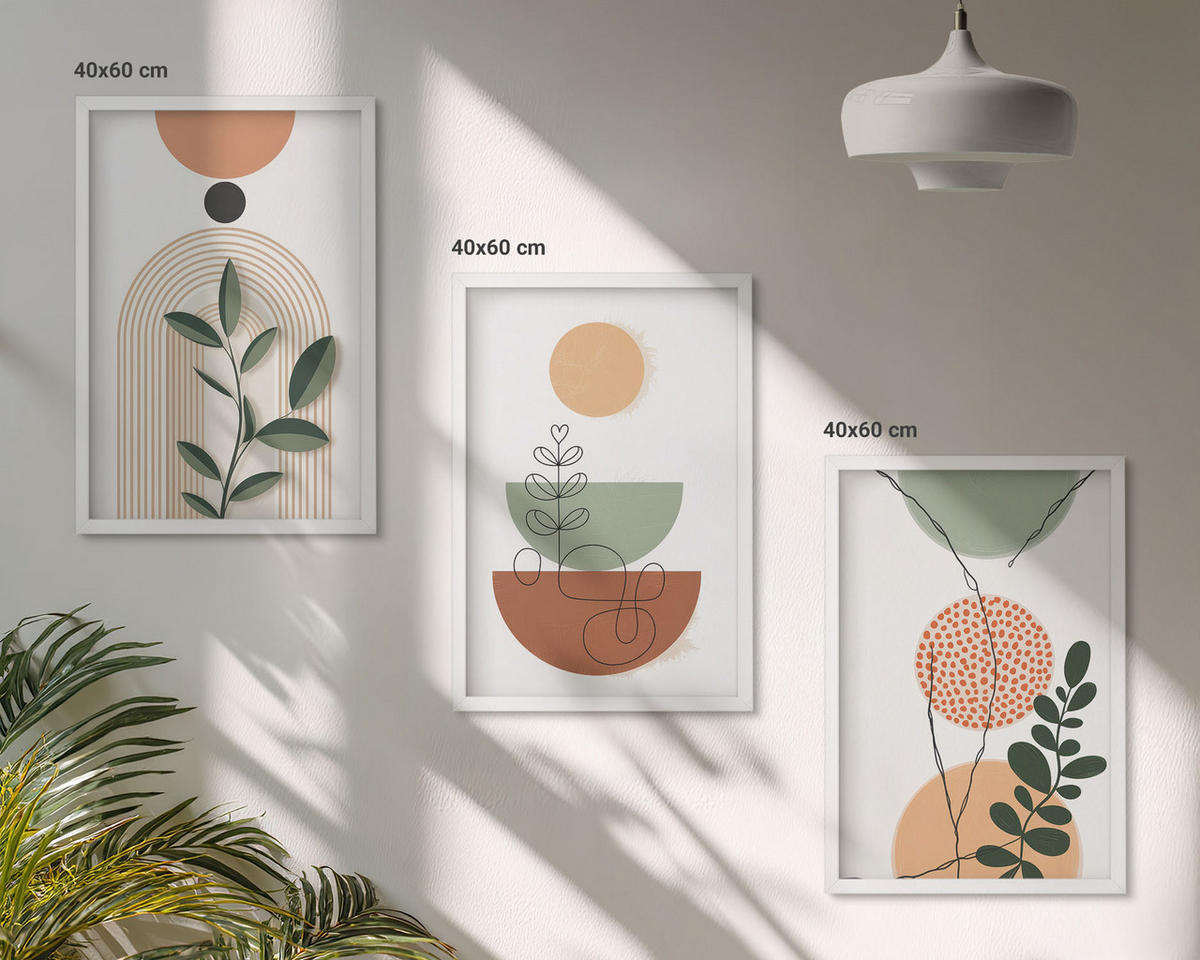 WANDBILDER 3er-Set - 40x60 cm Weißer Rahmen - Abstrakte Pflanzenformen - Weiß, Kunststoff (40/60cm) - ArtPrintCave