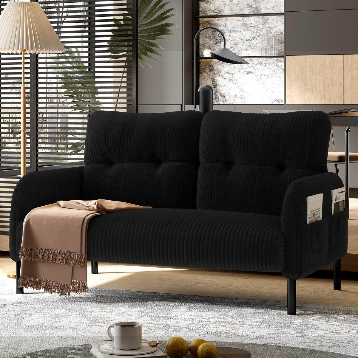 SOFA 2-Sitzer 120 x 75 x 79 cm Cord Black mit Seitentasche - Schwarz, Kunststoff (120/79/75cm) - Meubliv