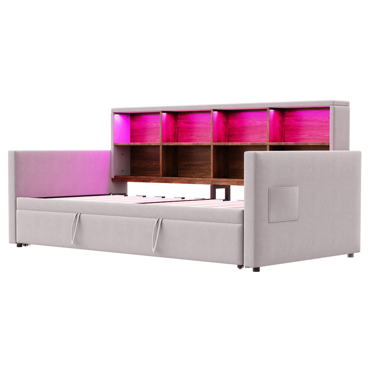 POLSTERBETT 90/190 cm aus Samt mit Ausziehbett, LED und Kopfteil-Staufächern Hellgrau - Hellgrau, Textil (90/190cm) - Modenvie