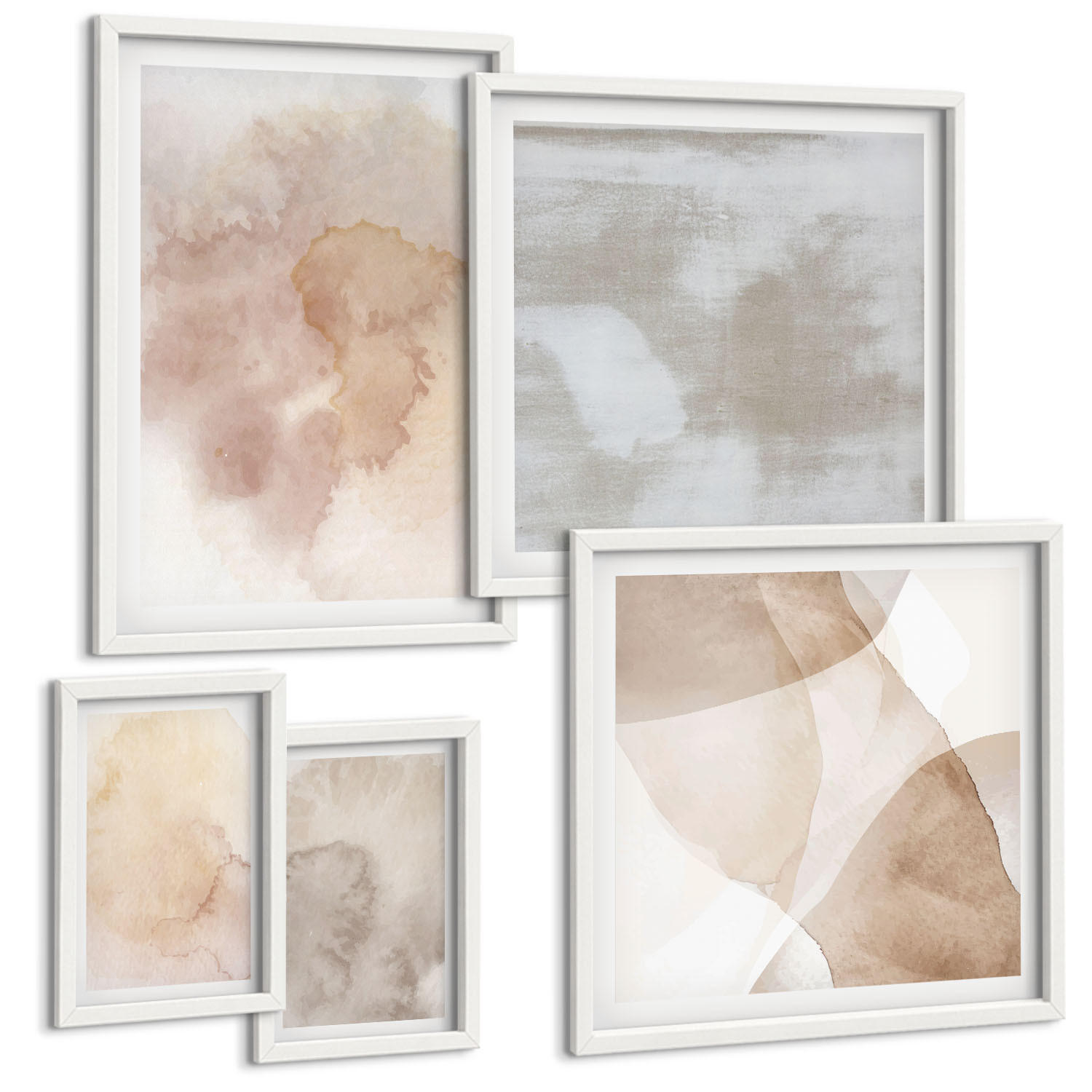 BILDER SET 5er Set - 50x50 cm & 20x30 cm & 40x60 cm Weißer Rahmen - Warme Aquarell-Pastelltexturen - Weiß, Kunststoff (40/60cm) - TULUP