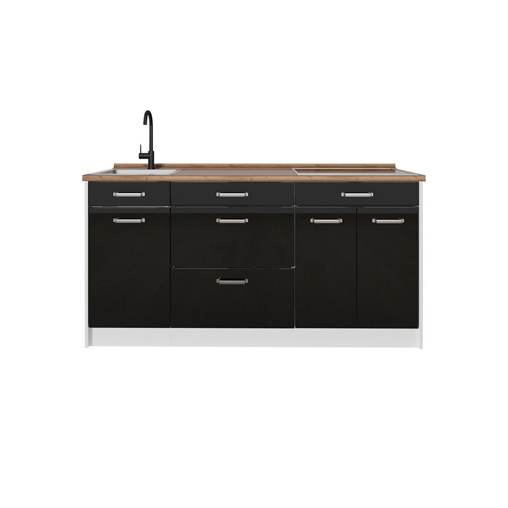 KÜCHENBLOCK R-Line, Schwarz Hochglanz/Weiß, 160 cm Arbeitsplatte Goldkraft Eiche - Schwarz Hochglanz/Weiß, Holzwerkstoff (160/81.6/60cm) - Vicco