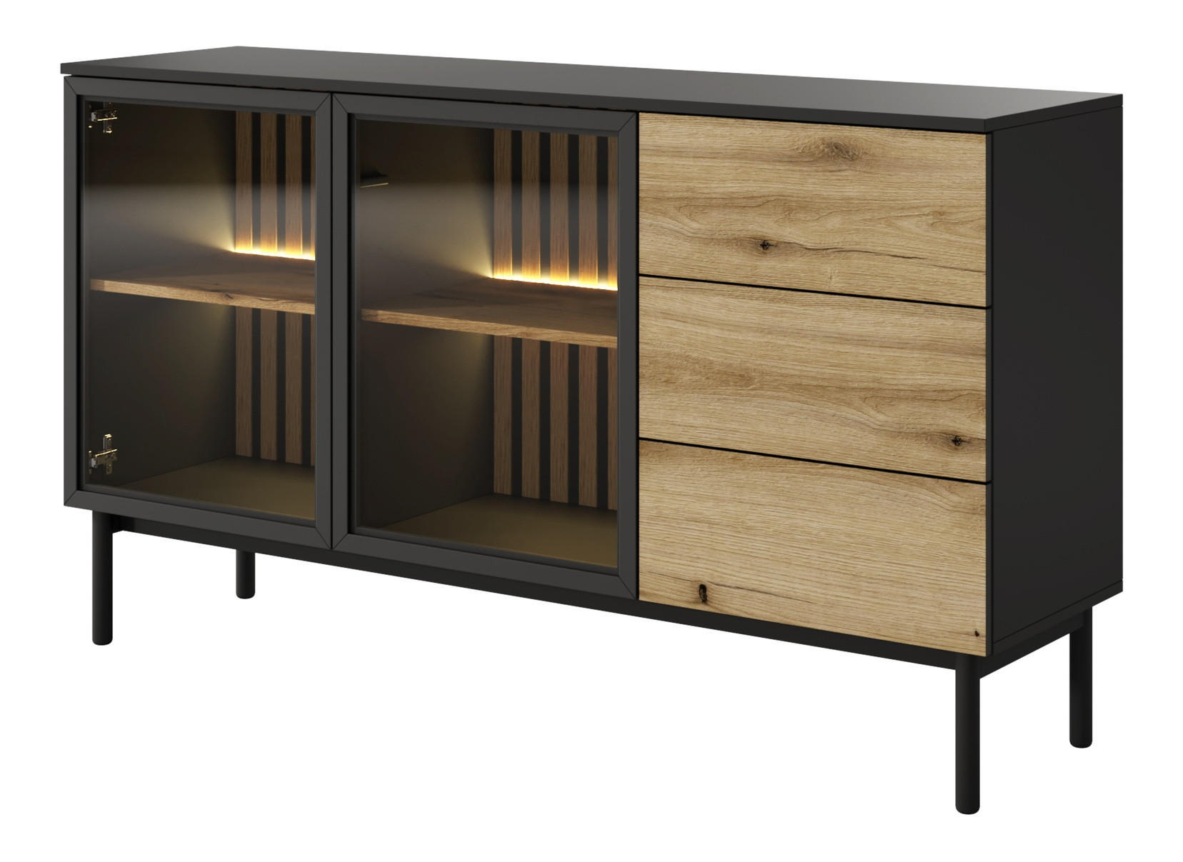 KOMMODE 150 cm mit LED Jotare, 2 Türen, Schubladen, Schwarz, Eiche Evoke - Schwarz, Holz (150/85/39cm) - Emporius
