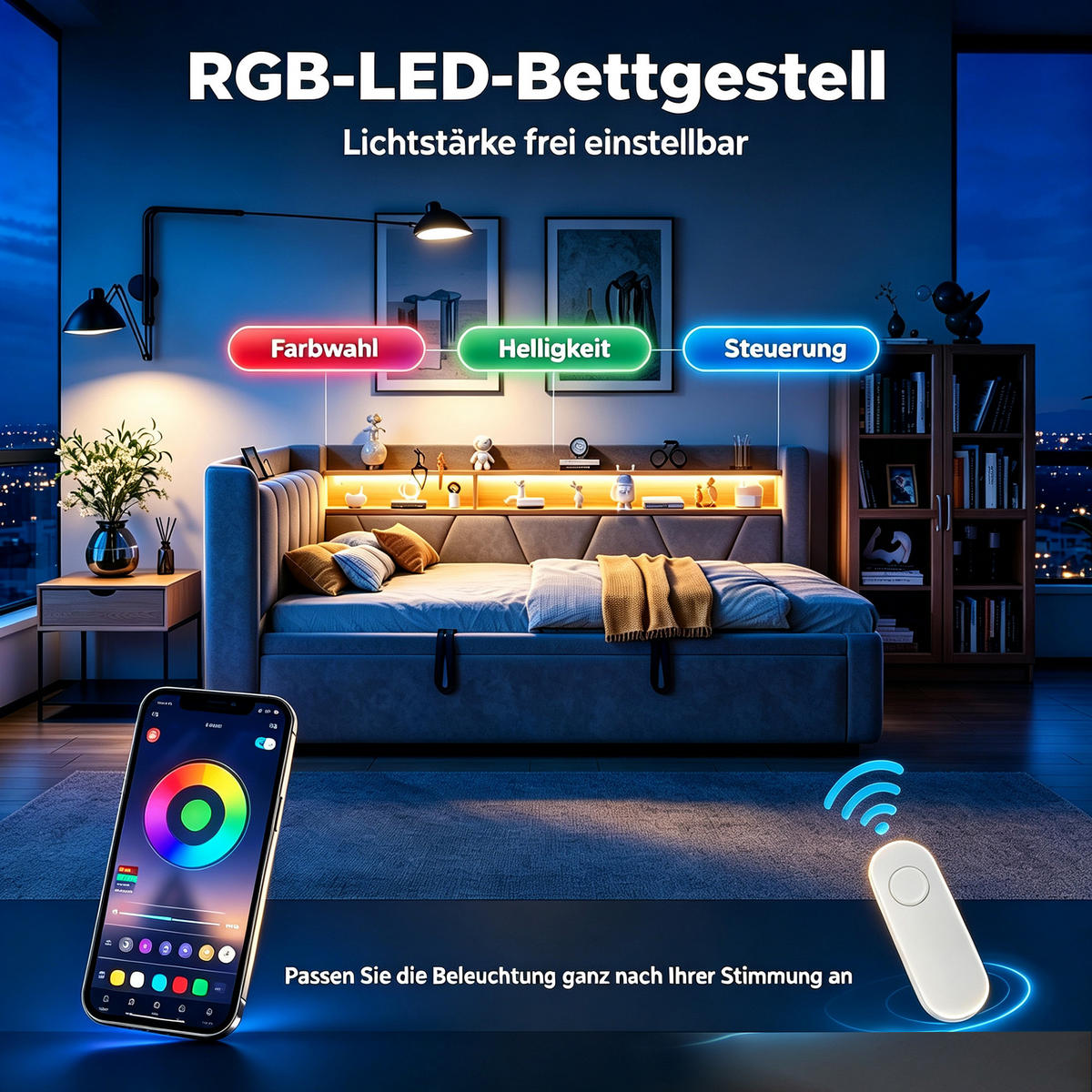 TAGESBETT 90x200/90x190 mit LED, USB/Stauraum, 3-in-1 Funktion, Samt, Grau - Grau, Holz (90/200cm) - LVHOM
