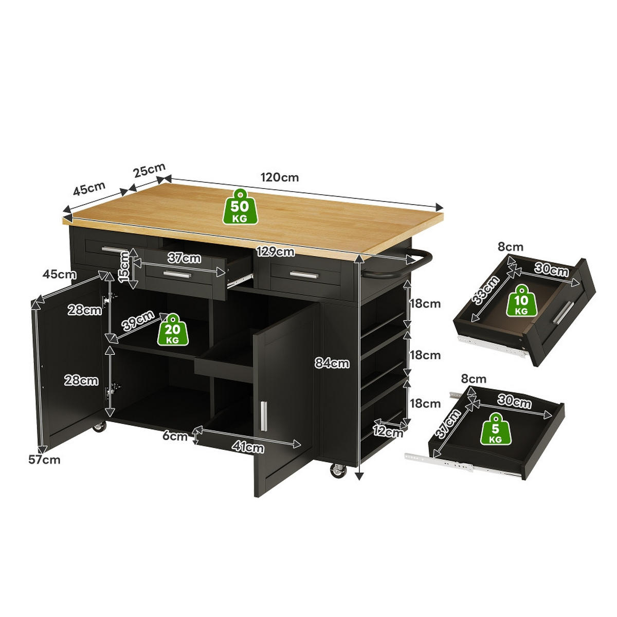 KÜCHENINSEL mit klappbarer Arbeitsplatte und Steckdosen, Holzoptik, 120/70/84 cm - Naturfarben, Kunststoff (70/84/120cm) - Rolipo