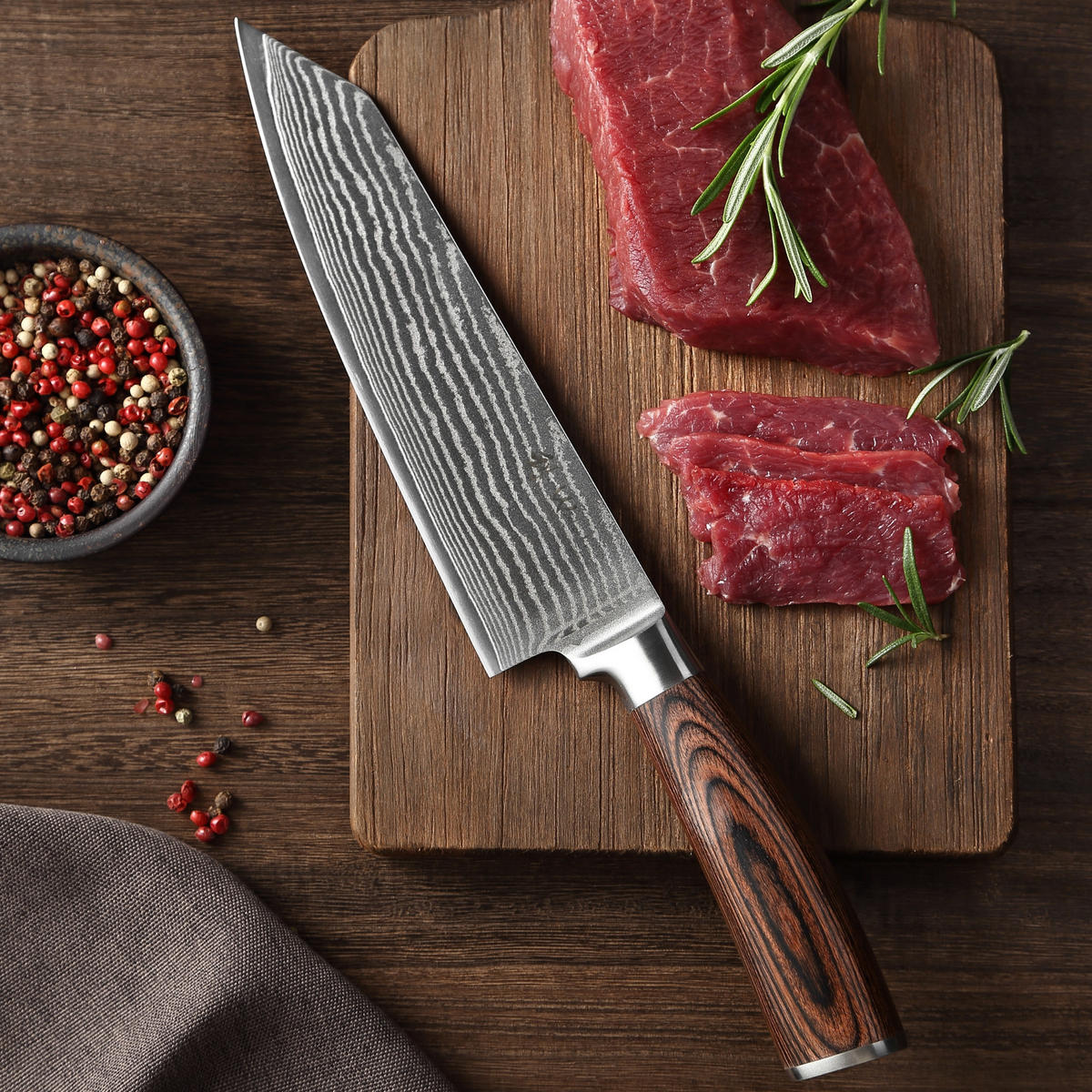 KIRITSUKE Damastmesser I EDIB - Braun, Holz/Metall (30cm) - Wakoli