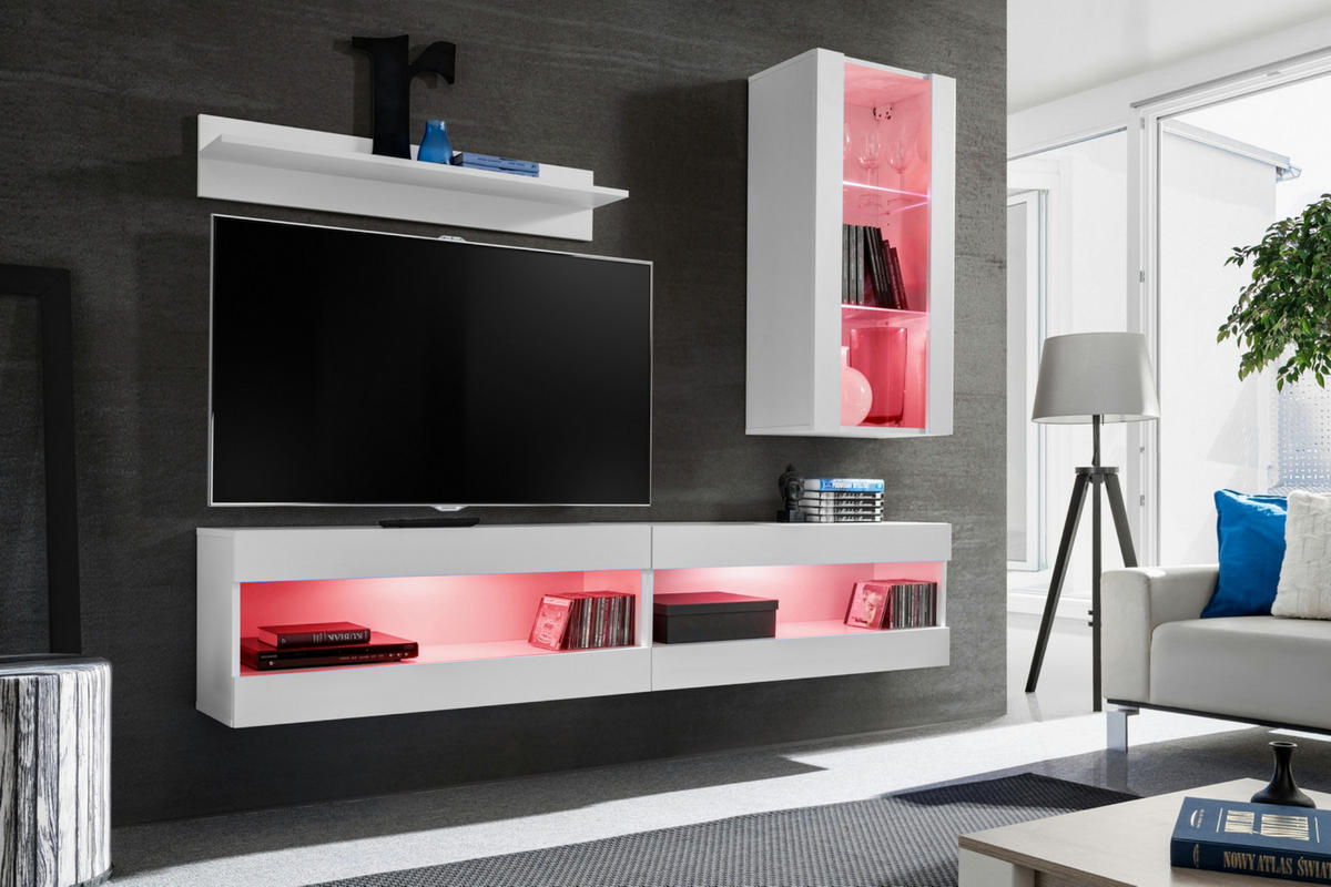 WOHNWAND 4-er Set, TIVOLI SET5 mit mehrfarbige LED RGB Beleuchtung Weiß + Weiß, Offener Raum - Weiß, Glas/Holzwerkstoff (240/195/35cm) - Komodee