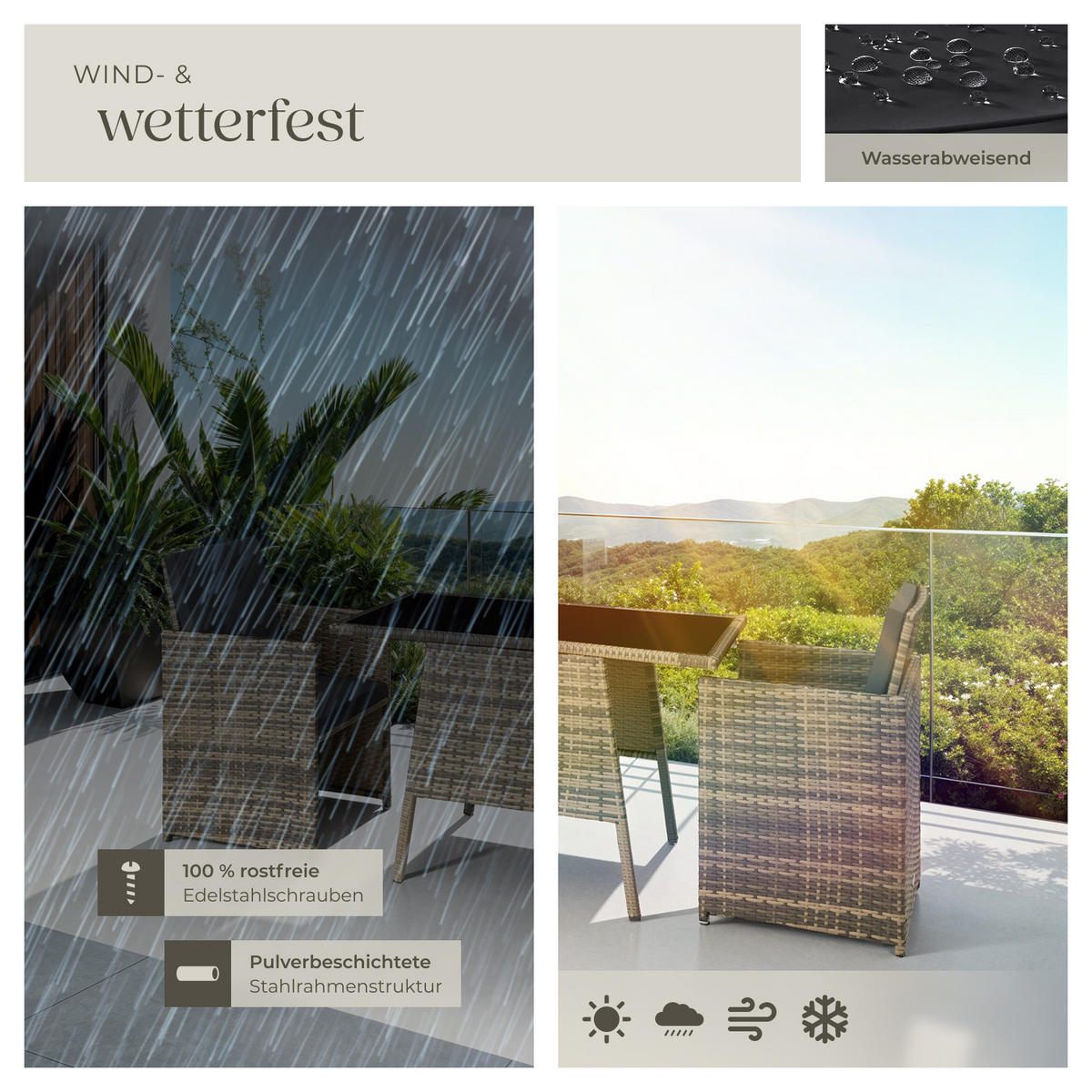 RATTAN SITZGRUPPE Lausanne,zusammenschiebbar,natur - Naturfarben, Kunststoff - tectake
