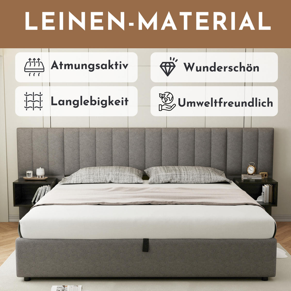 POLSTERBETT 160x200 Hydraulik Stauraum Lattenrost Leinen Grau Schwarz - Grau, Naturmaterialien (160/200cm) - FLIEKS