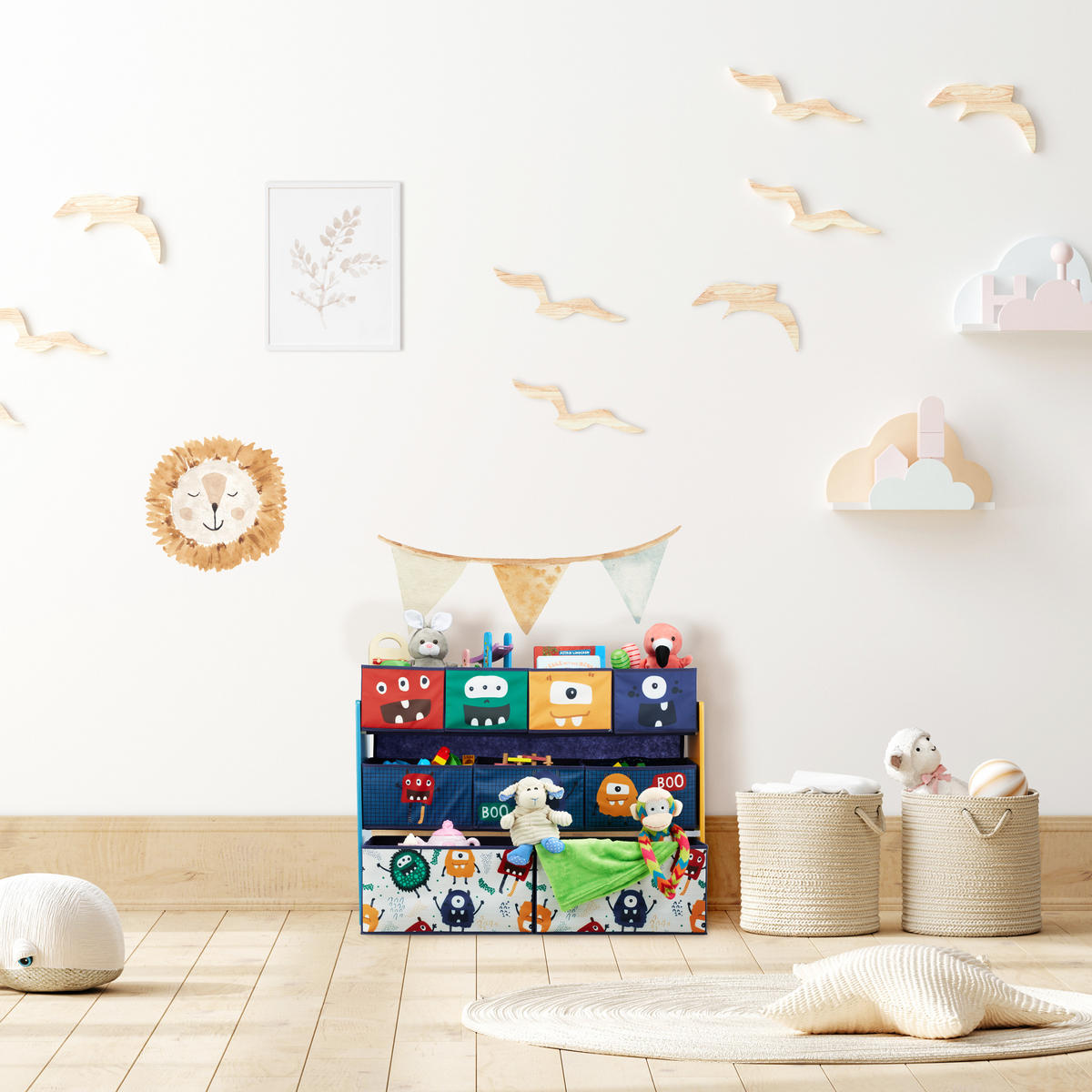 KINDERREGAL - Multicolor, Holzwerkstoff/Textil (92.5/70/30cm) - Relaxdays