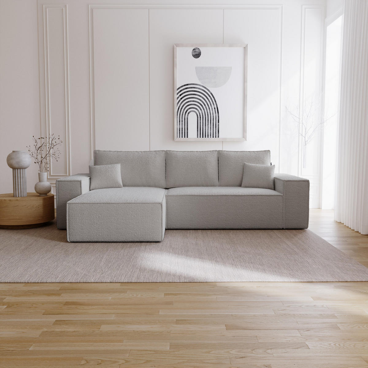 ECKSOFA Bouclé 280 cm Bergamo L mit Bettkasten, Schlaffunktion, Links - Hellgrau - Hellgrau, Holz (277/189cm) - Emporius