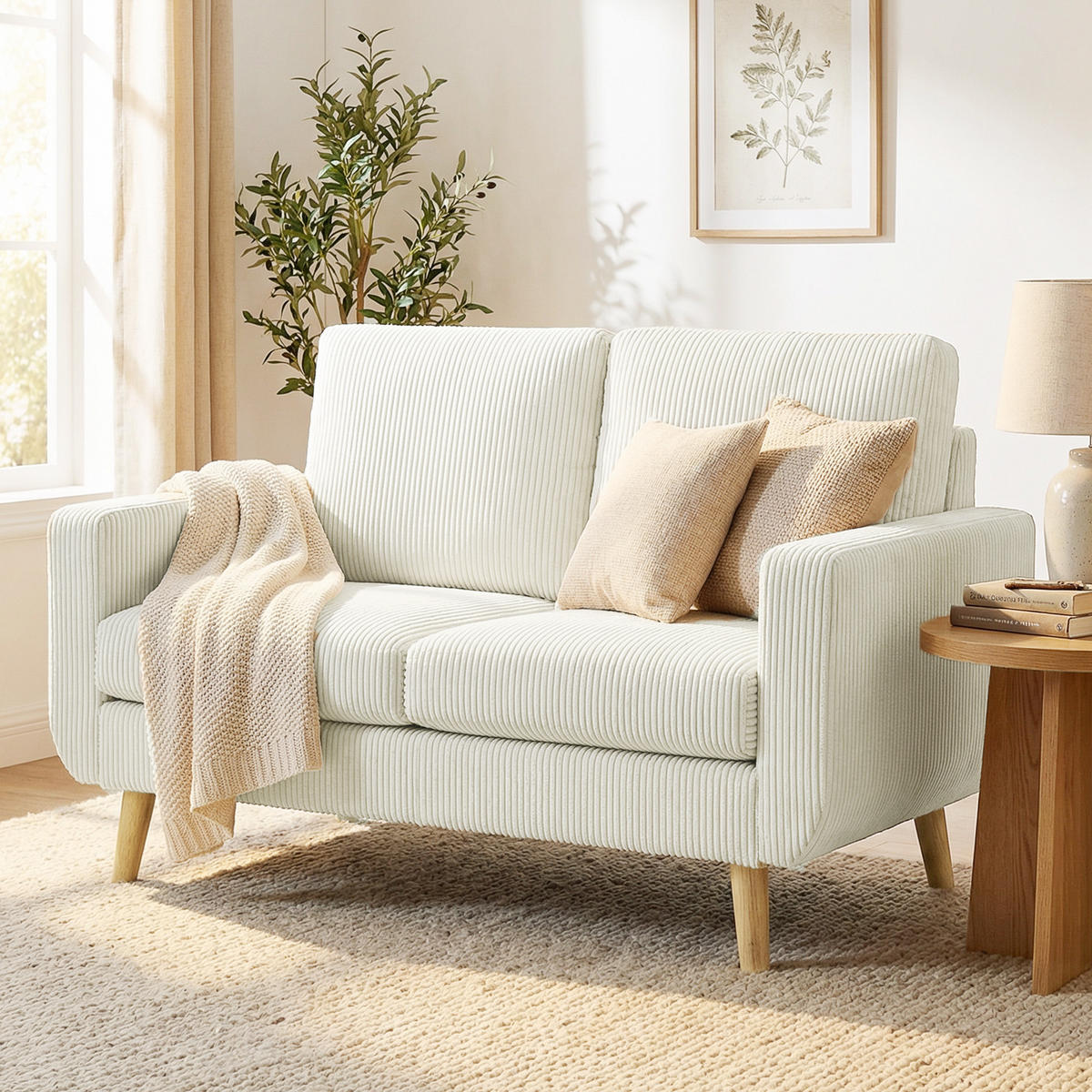 SOFA, 2-Sitzer, Cord, 134cm, Federkernkissen, cremefarben - Multicolor, Holzwerkstoff (134/84/74cm) - FORIOUS