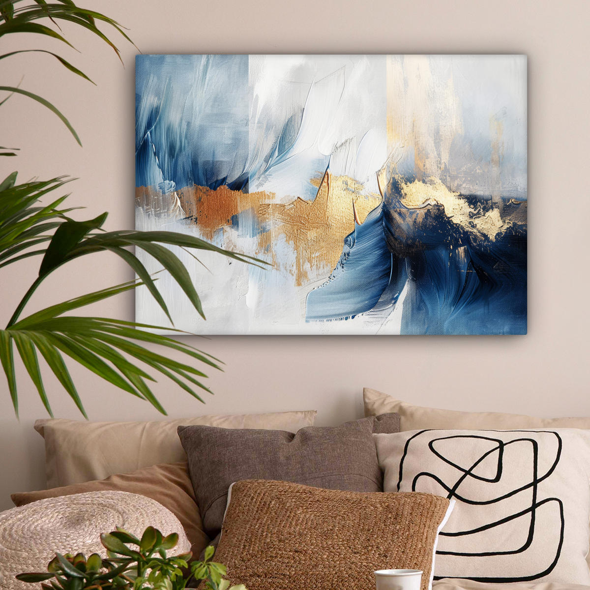 LEINWANDBILD Gold - Blau - Aquarell - Kunst - Modern Wandbilder 80x60 cm - Hellblau, Textil (80/60cm) - MuchoWow