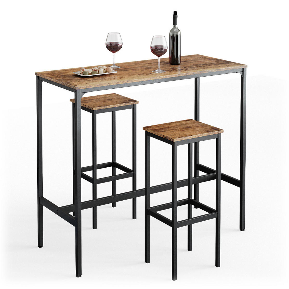 BARTISCH-SET Fyrk Antikholz 120 x 50 cm mit 2 Barhockern - Eichefarben/Schwarz, Holzwerkstoff (120/105/50cm) - Vicco