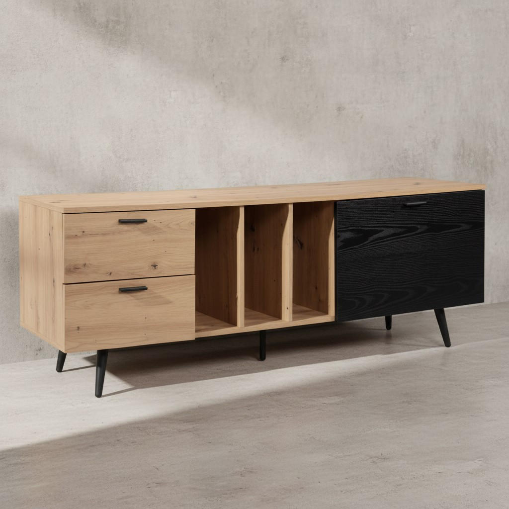TV-LOWBOARD mit Eiche-Dekor, Tür und Schubladen, kompakte Aufteilung, Braun-Schwarz 150x40x55 cm - Schwarz/Braun, Holzwerkstoff/Metall (150/55/40cm) - KADIMA DESIGN