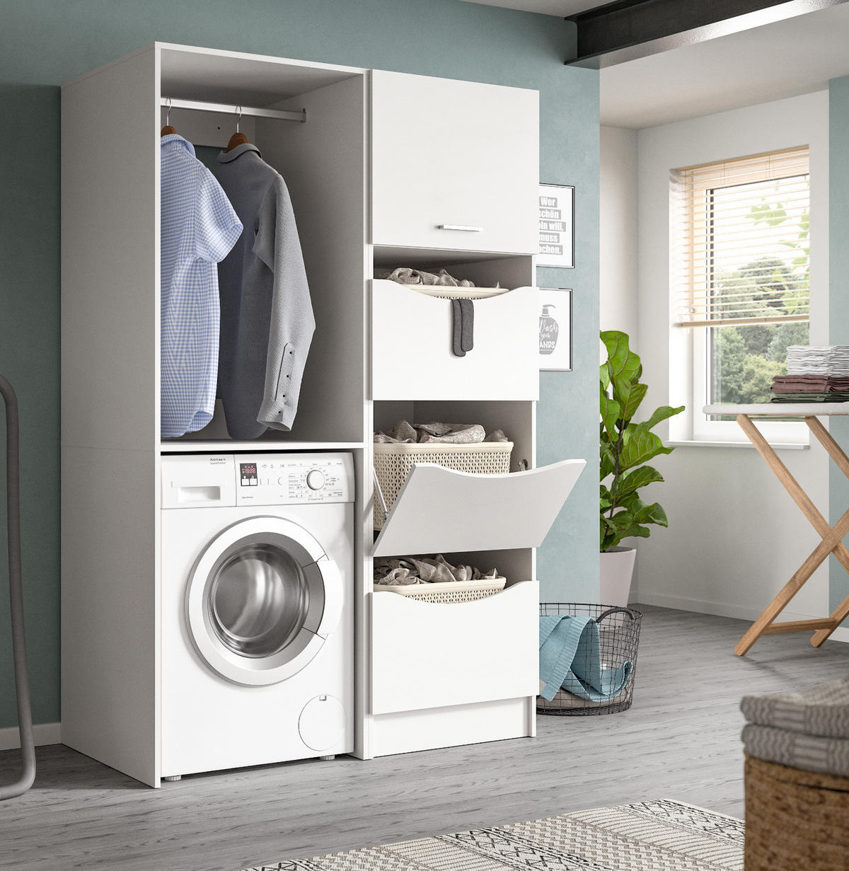 WASCHMASCHINENSCHRANK weiß Set 2-teilig 126 cm, Waschmaschinenumbau mit viel Stauraum - Silberfarben/Weiß, Glas/Holzwerkstoff (126/196/68cm) - Inn.Furn