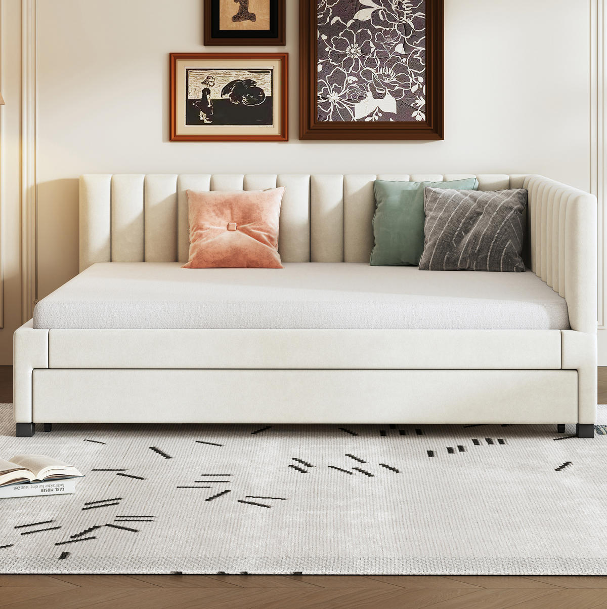 POLSTERBETT 140/200 cm Beige aus Samtstoff mit Ausziehbett - Beige, Leder (140/200cm) - OKMYHOME