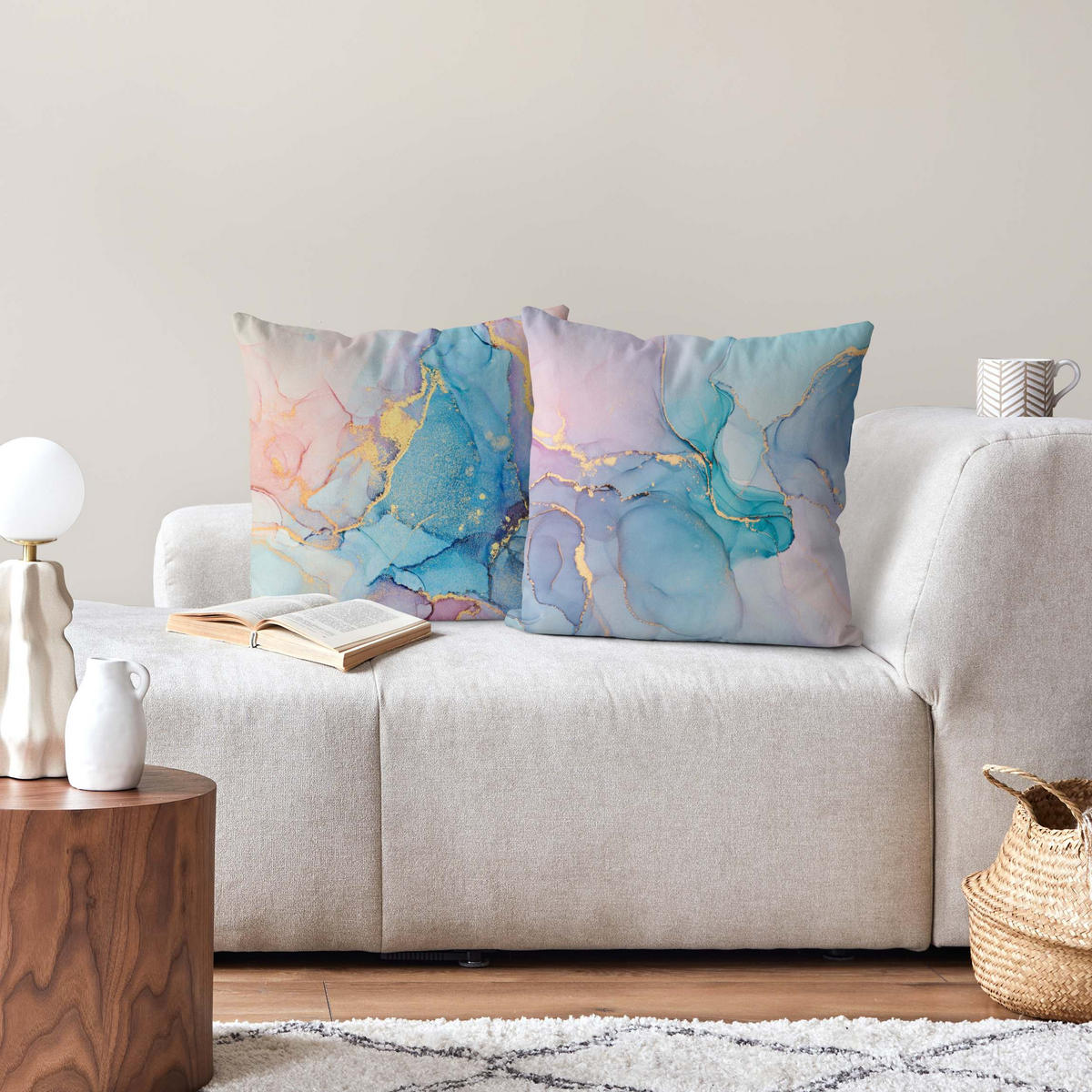 DEKOKISSEN 2er-Set Aquarell Pastell mit Gold Duo 50/50 cm - Türkis, Textil (50/50cm) - Bilderwelten