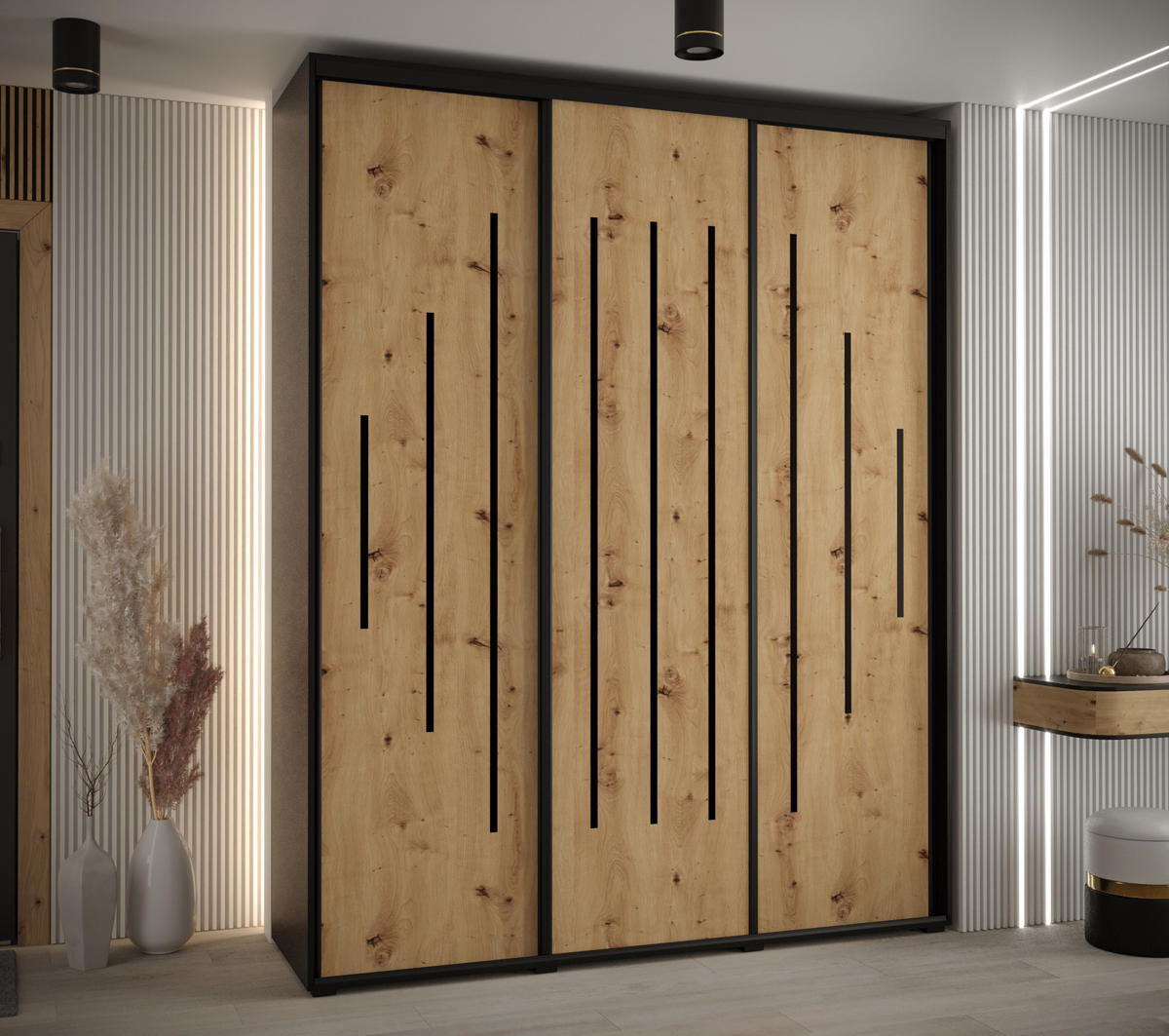SCHWEBETÜRENSCHRANK 235,2/190/45 3-türig - Schwarz/Eiche Artisan, Holz/Metall (190/235/45cm) - Abiks Möbel