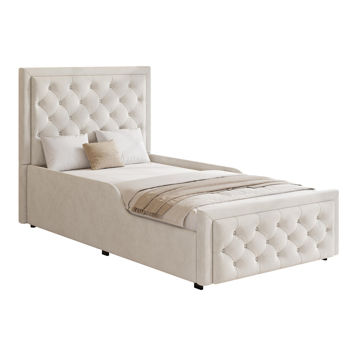 KINDERBETT 90/200 cm mit hydraulischem Stauraum, Lattenrost, gepolsterten Seitenlehnen und Samtbezug, Beige - Beige, Holzwerkstoff (90/200cm) - Redom