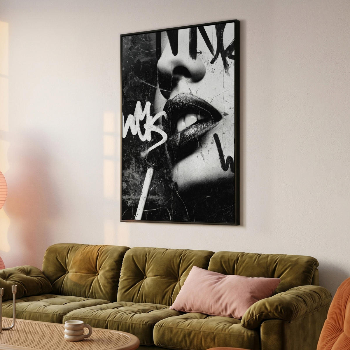 LEINWAND Bilder mit Rahmen - Gesicht - Mund - Graffiti - Schwarz - 80x120 - Schwarz, Textil (80/120cm) - MuchoWow
