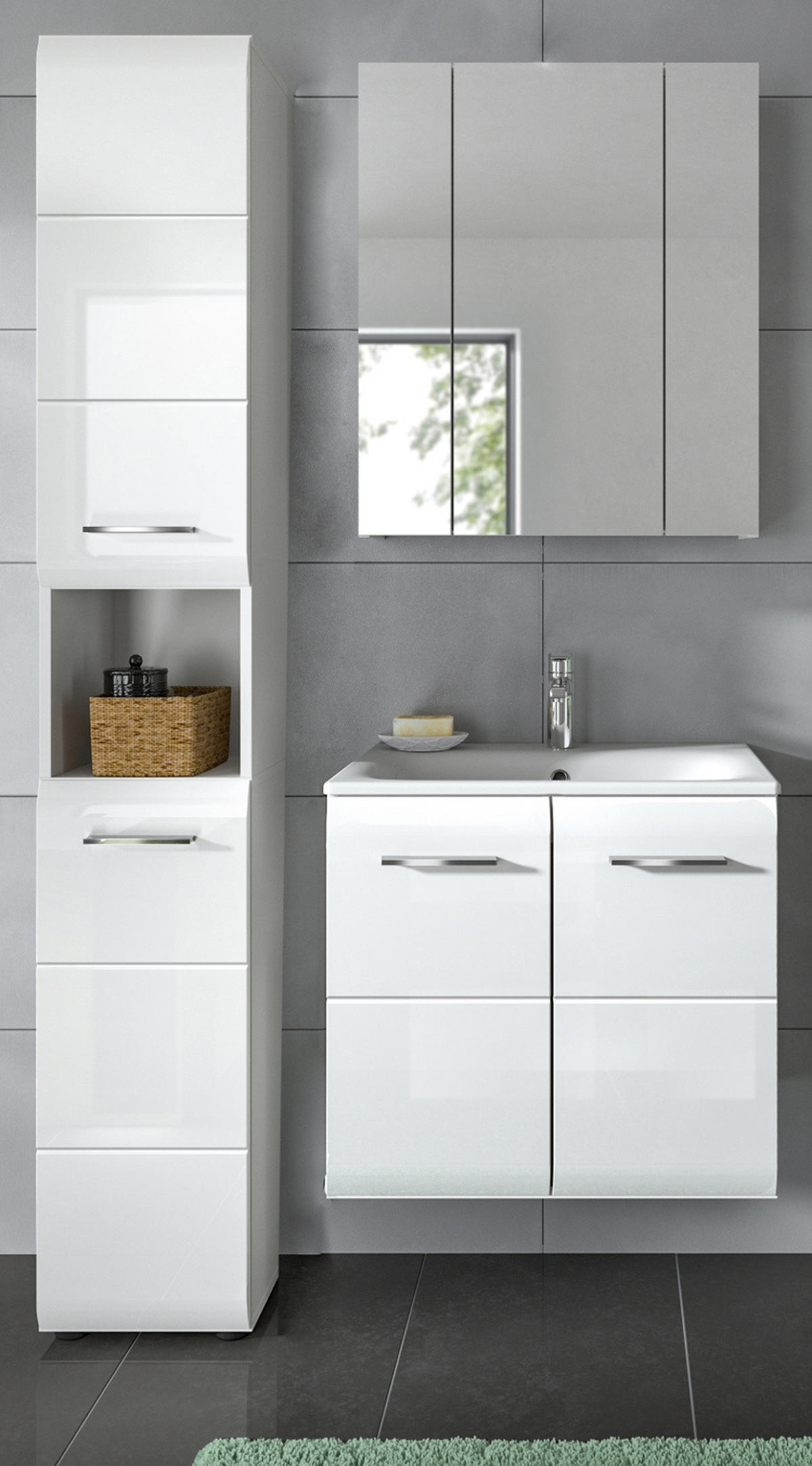 BADMÖBEL Set 3-teilig in weiß Hochglanz inkl. Waschbecken 105 x 185 cm Cover - Weiß Hochglanz/Silberfarben, Holzwerkstoff/Kunststoff (105/185/46cm) - Inn.Furn