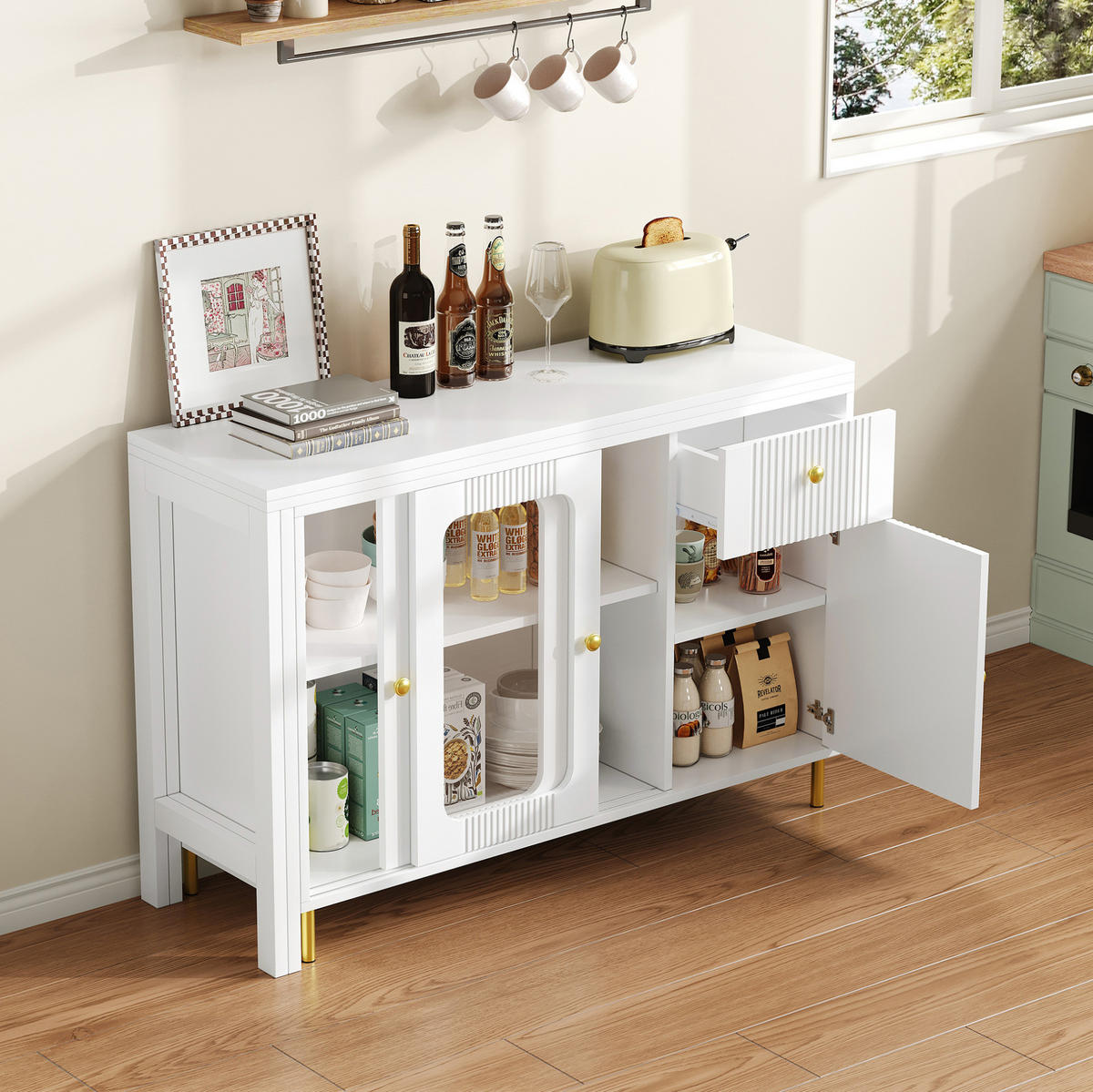 SIDEBOARD 116/40/78,5 cm in Weiß mit Ausziehtisch und Glasschiebetüren - Weiß, Holzwerkstoff (116/78/40cm) - Flora Grace