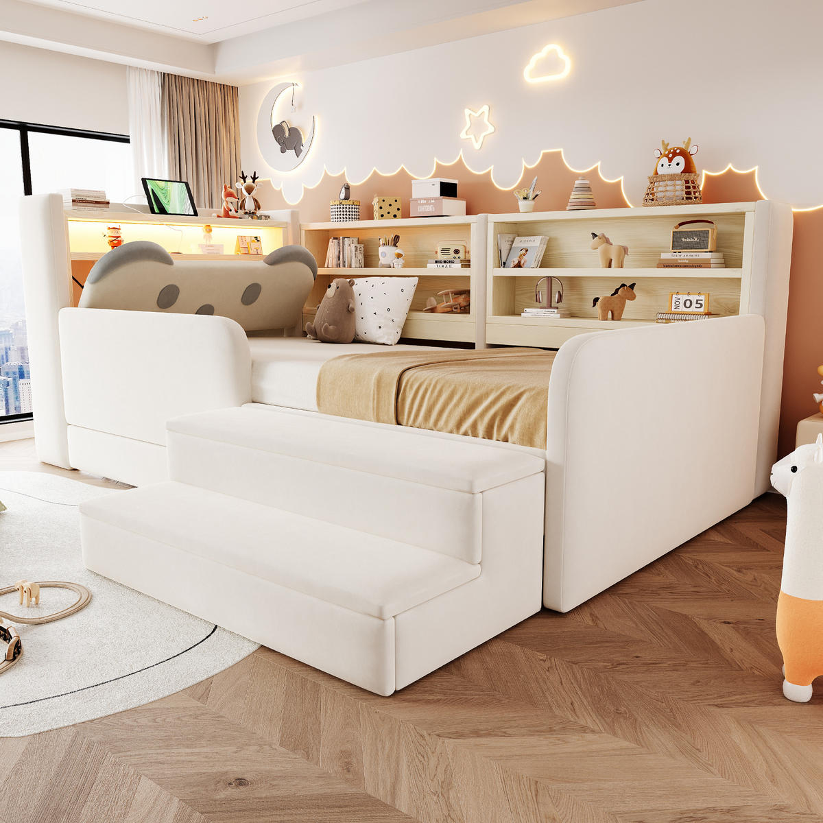 POLSTERBETT 90*200 cm mit LED, USB und Schublade, Beige - Beige, Textil (90/200cm) - FLIEKS