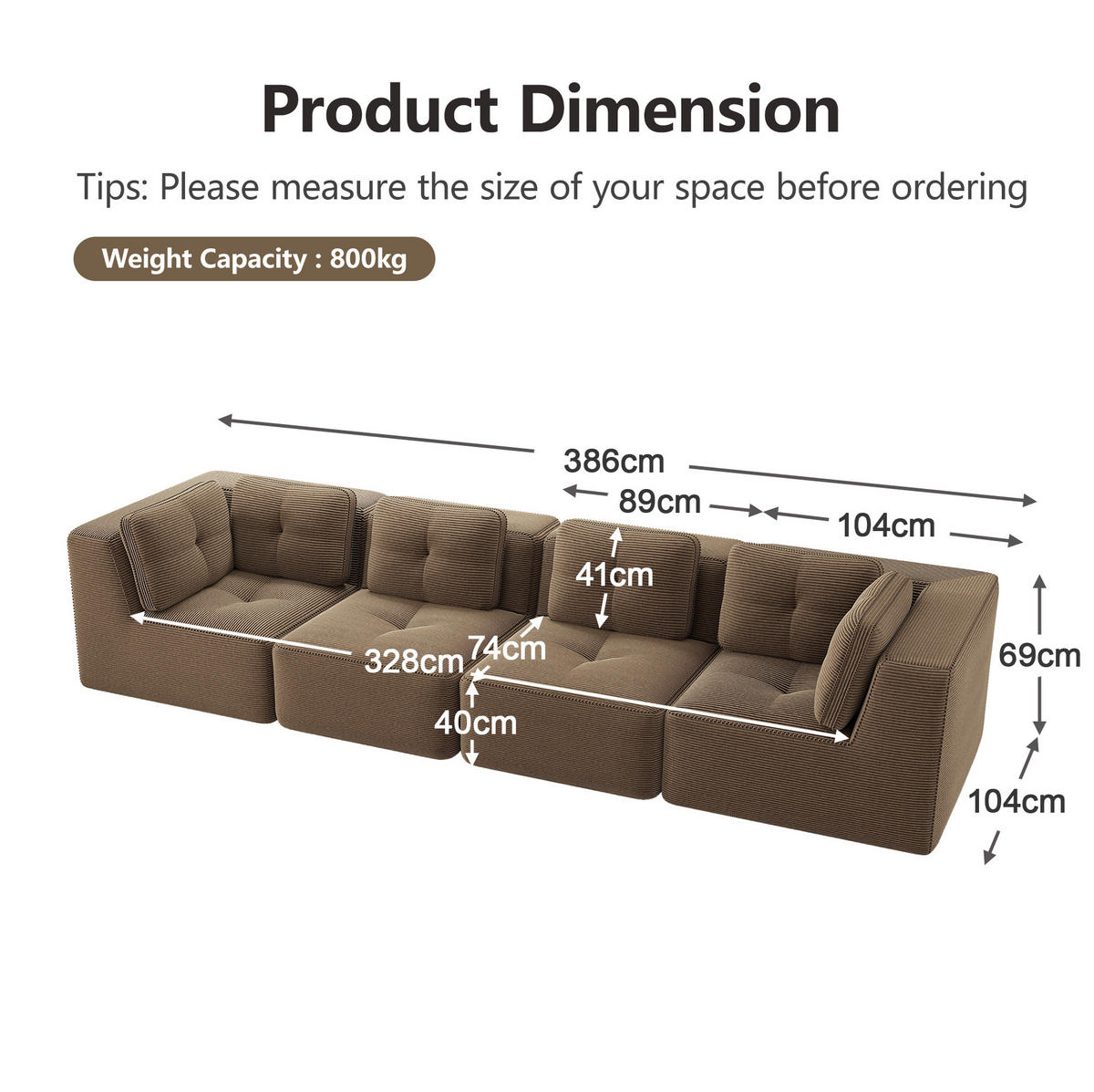 ECKSOFA 386/104/69 cm braun aus Cord mit modularem Design, ohne Aufbau und rutschfestem Stand - Braun, Textil (104/386cm) - OKWISH