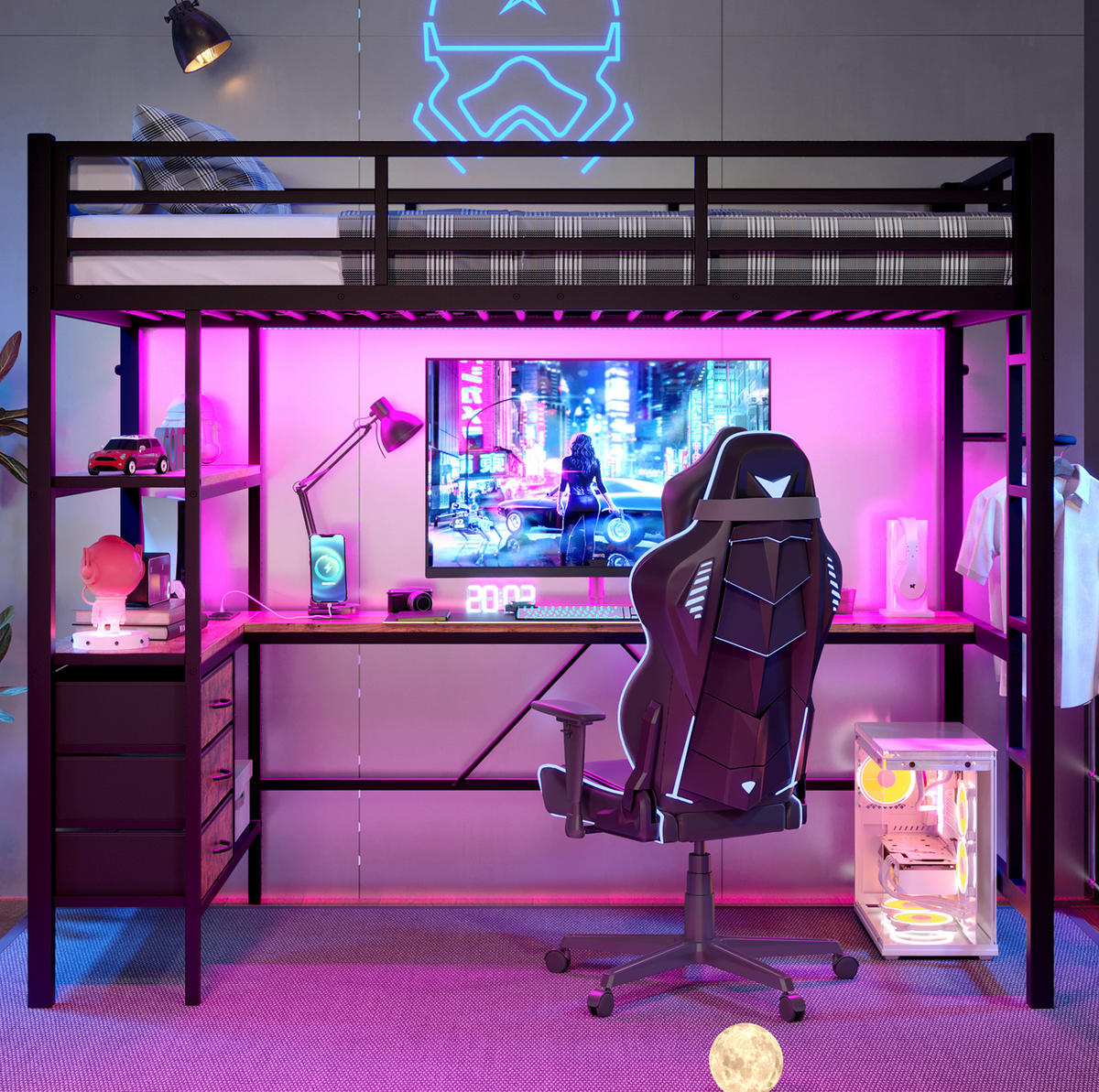 HOCHBETT 90/200 cm in Schwarz mit LED-Beleuchtung, Schreibtisch und Stauraum - Schwarz, Metall (90/200cm) - Flora Grace