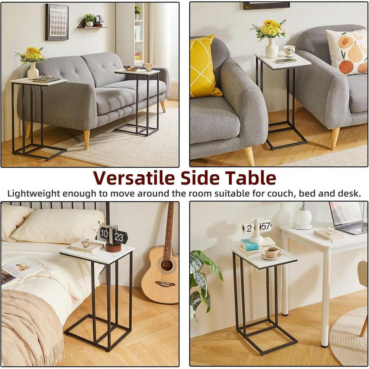 BEISTELLTISCH C-Form Weißer Marmoroptik mit schwarzem Metallgestell - Multicolor, Metall (40.6/30.5/63.5cm)