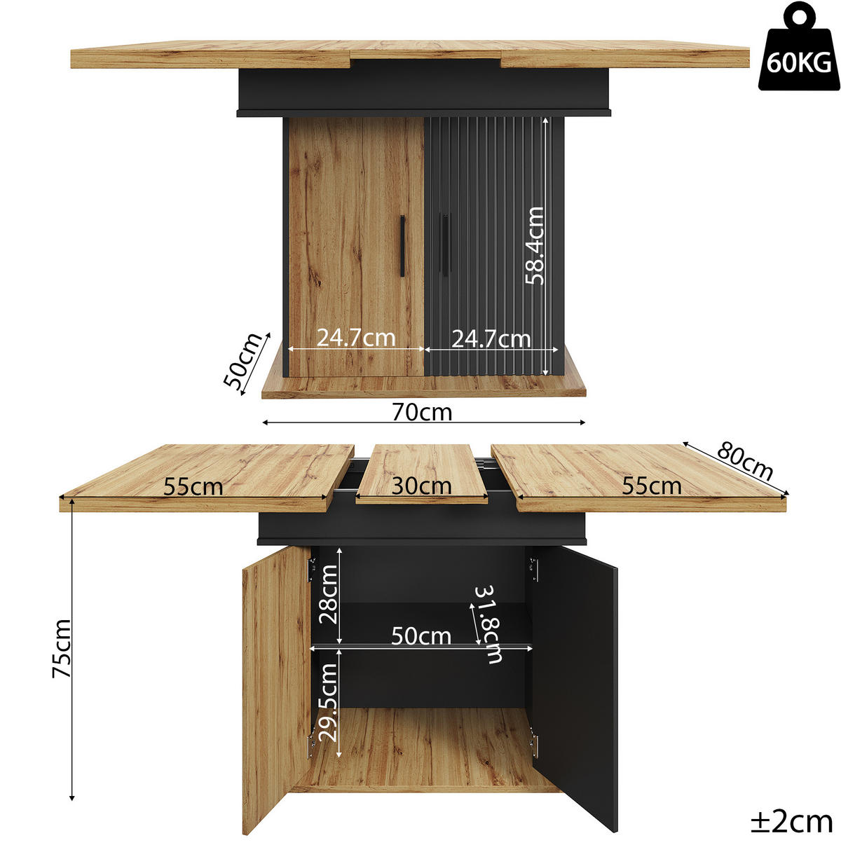 ESSTISCH 110-140x80x75 cm in Natur und Schwarz aus MDF mit Stauraum ausziehbar - Naturfarben, Holzwerkstoff (140/80/75cm) - Modfu