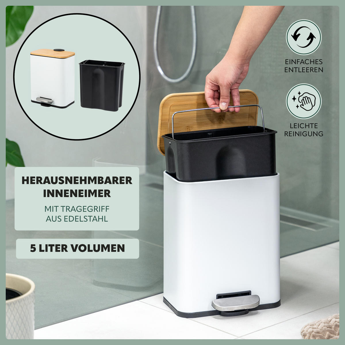 KOSMETIKEIMER 5 Liter Bambus & Metall, weiß - Weiß, Metall (22.5/28.5/21.5cm) - bremermann