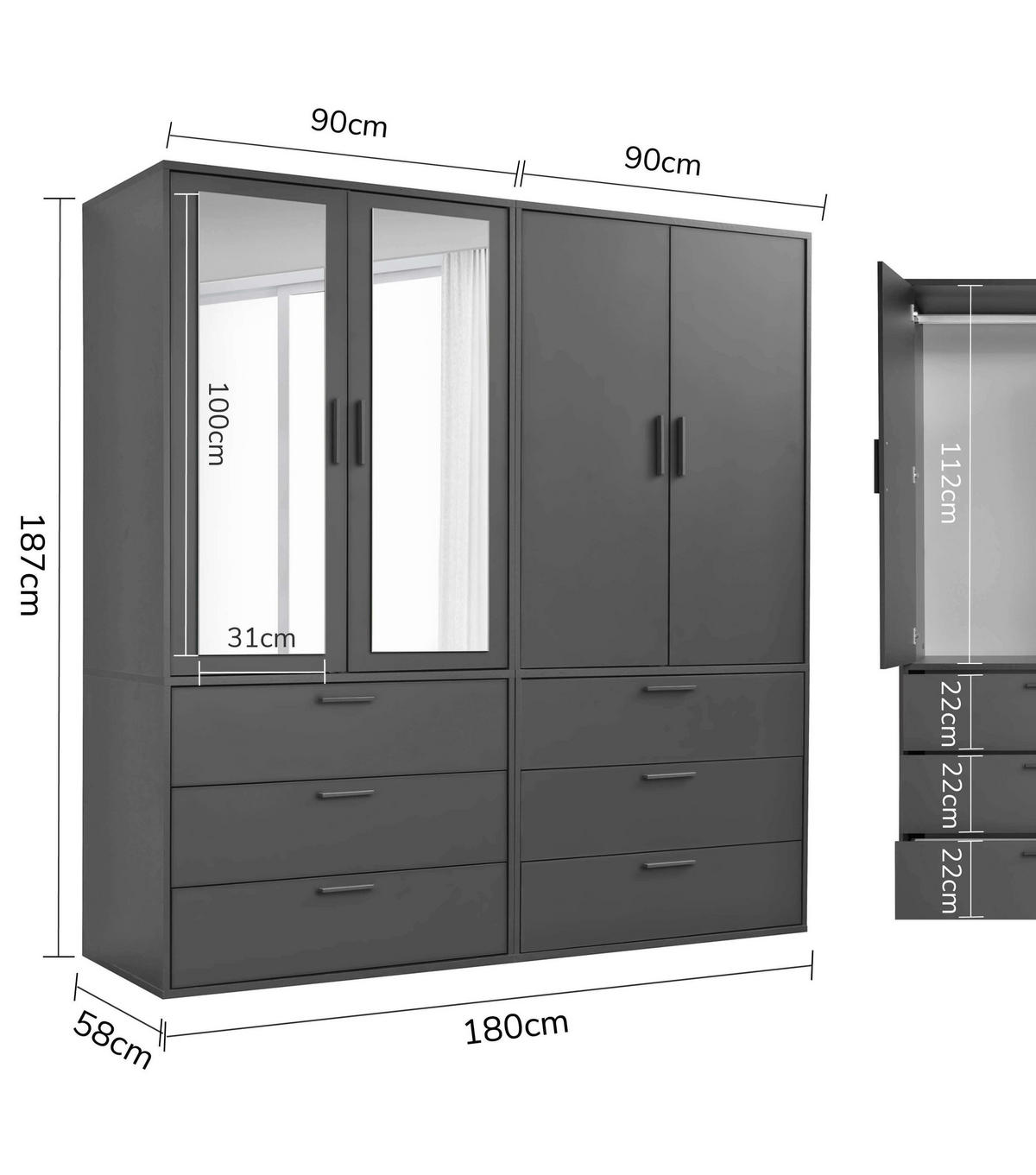 KLEIDERSCHRANK mit Spiegel Der Grenzenlose - Anthrazit, Holzwerkstoff (180/187/58cm) - Mokebo