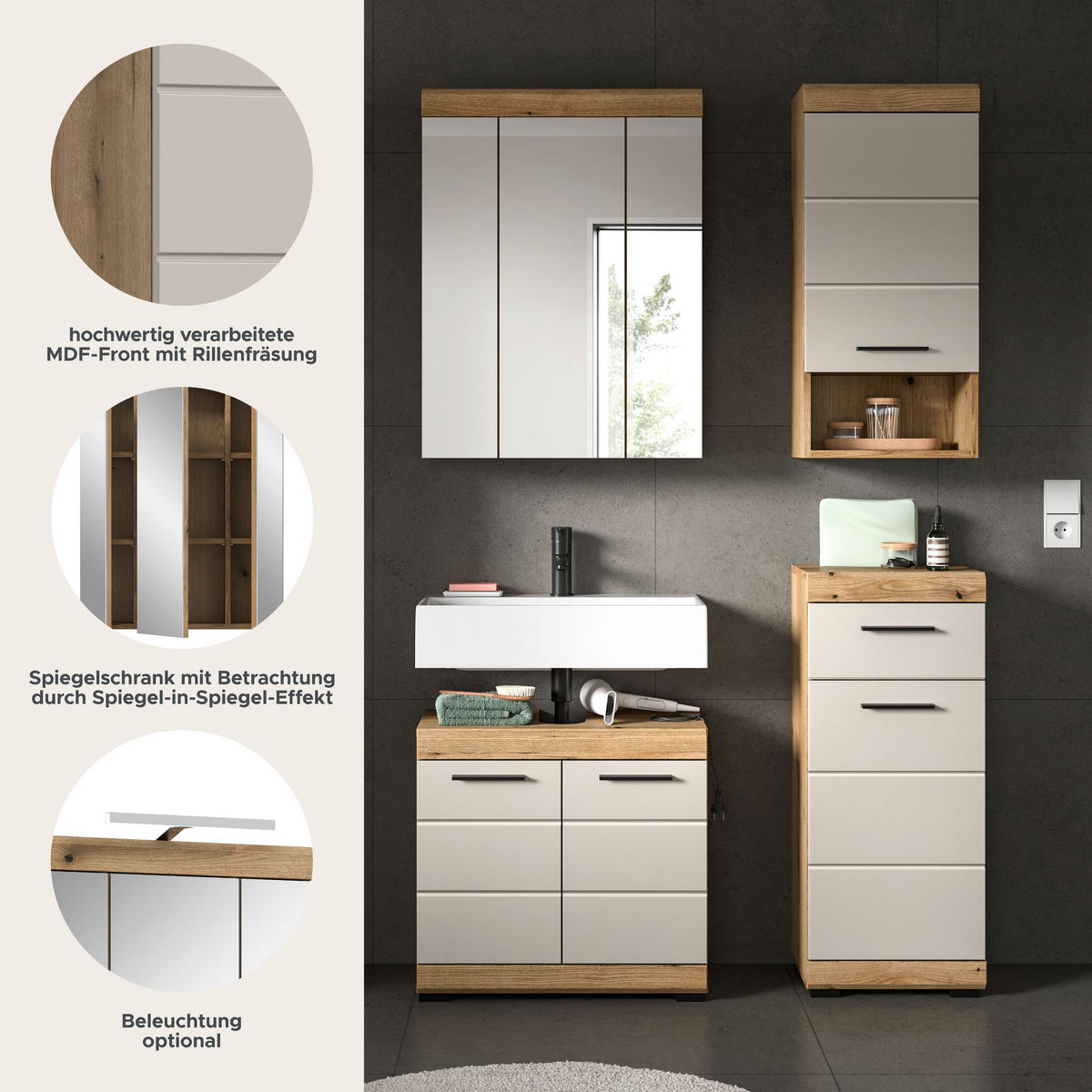 BAD-SET SCOUT 4-tlg. (B/H/T: ca. 112/191/34 cm) in Evoak Oak Nachbildung/- - Eichefarben, Holz (112/191/34cm)
