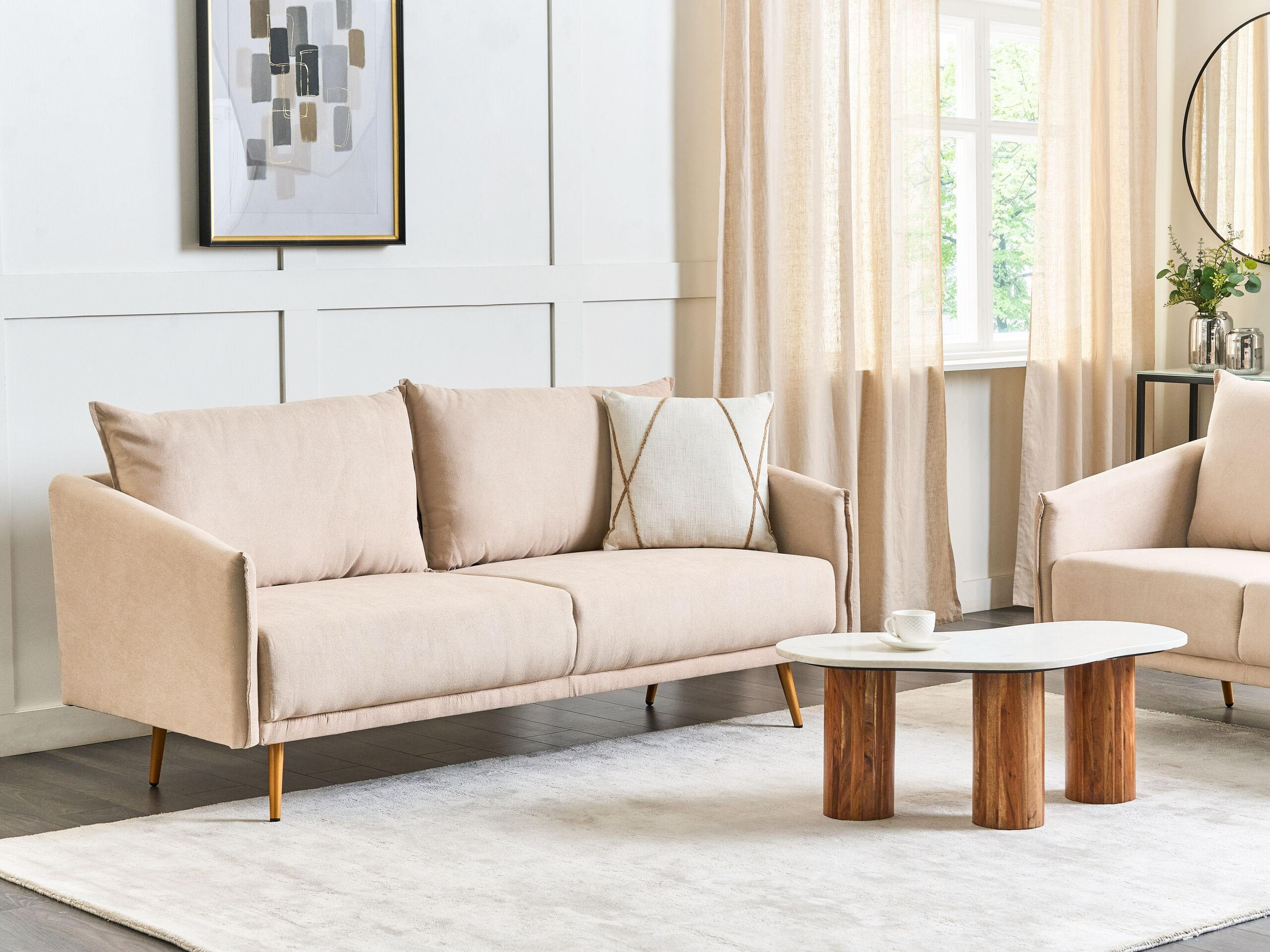 3-SITZER-SOFA Samtstoff beige mit goldenen Beinen Maura - Beige/Goldfarben, Textil (185/83/78cm) - Beliani
