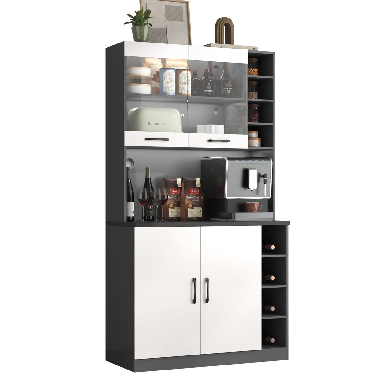 KÜCHENSCHRANK aus MDF 100x47x187 cm Grau/Weiß mit LED-Beleuchtung und Mikrowellenfach - Weiß, Holzwerkstoff (100/187/47cm) - IVMEU