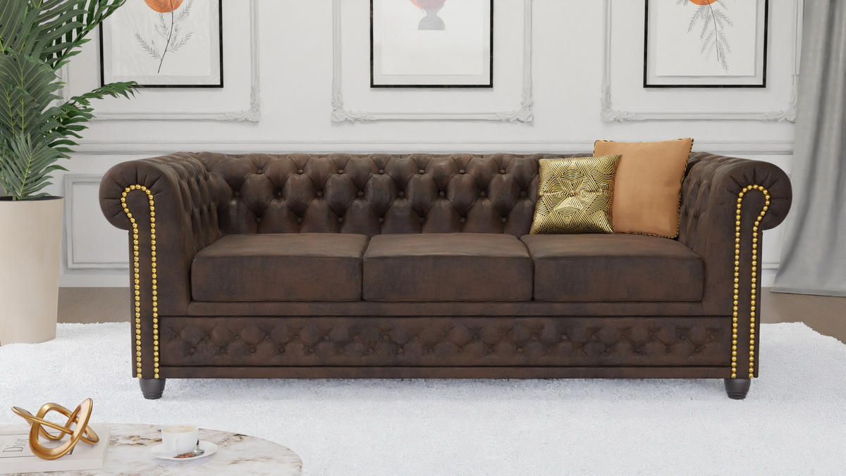 CHESTERFIELD-SOFA 3-sitzer mit Schlaffunktion Flux Dunkelbraun Microfaser Vintageoptik - Dunkelbraun/Braun, Holz/Textil (203/72/86cm) - S-Style Möbel