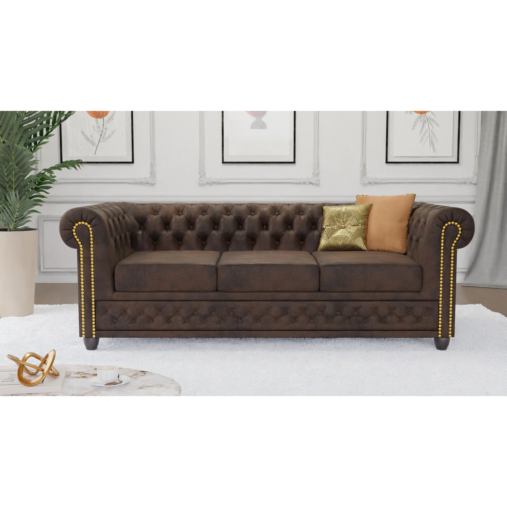 Thumbnail - S-Style Möbel Chesterfield-Sofa, Dunkelbraun, Textil, Echtholz,Birke, 3-Sitzer, Füllung: Silikon,Komfortschaum, 203x72x8...