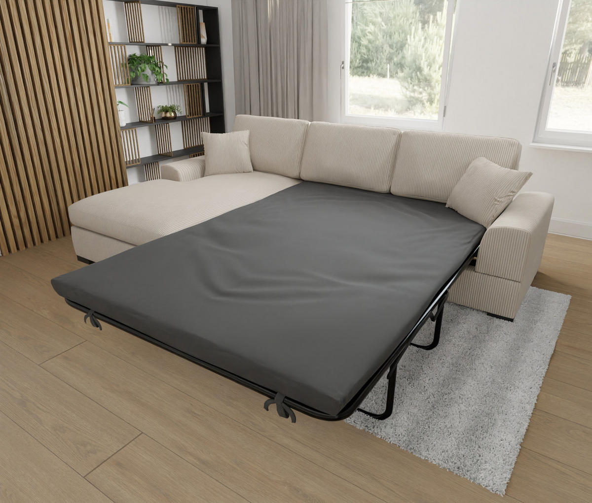 ECKSOFA Saga Beige Cord - Beige/Schwarz, Holz/Buchenholz (306/184cm) - S-Style Möbel