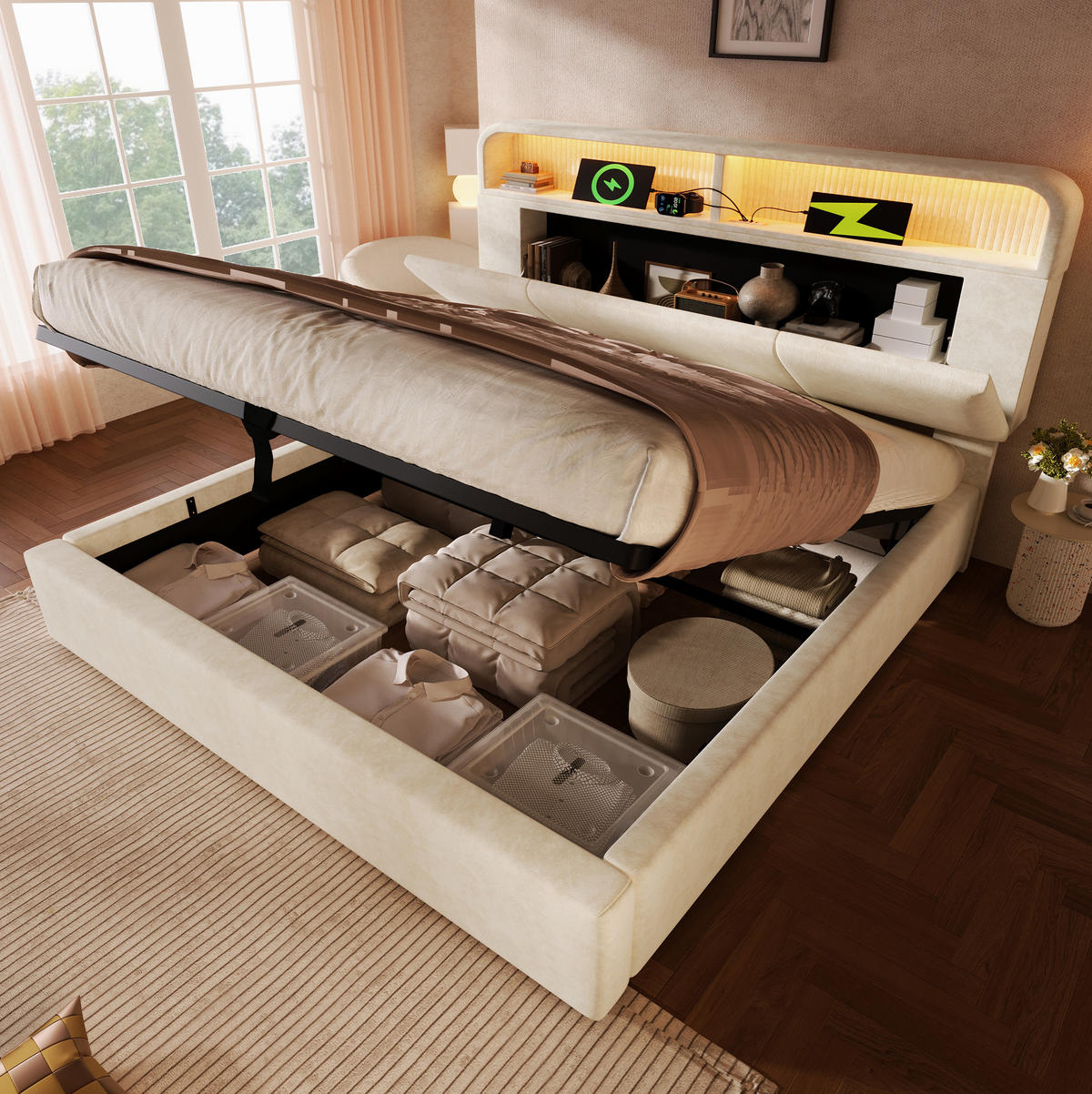 POLSTERBETT aus Samt 180x200 cm in Beige mit LED & USB/Type-C-Ladestation - Beige, Textil (180/200cm) - Modfu