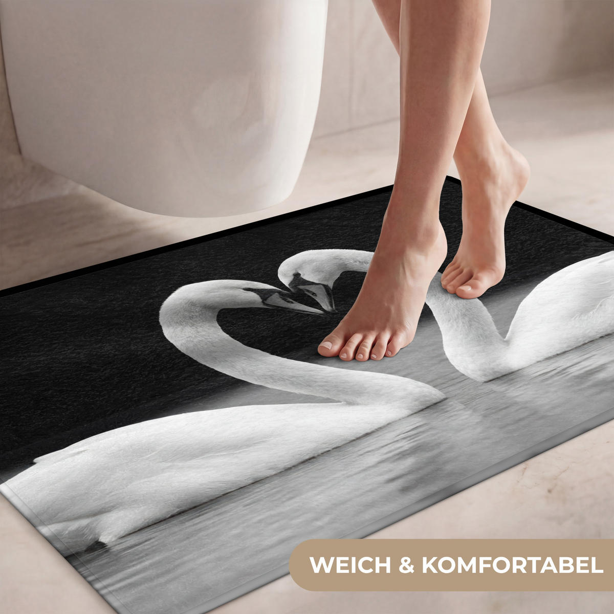 WC PŘEDLOŽKA Labutě - srdce - černá - bílá 90x60 cm - černá, textil/plast (90/1cm) - OnlyWow