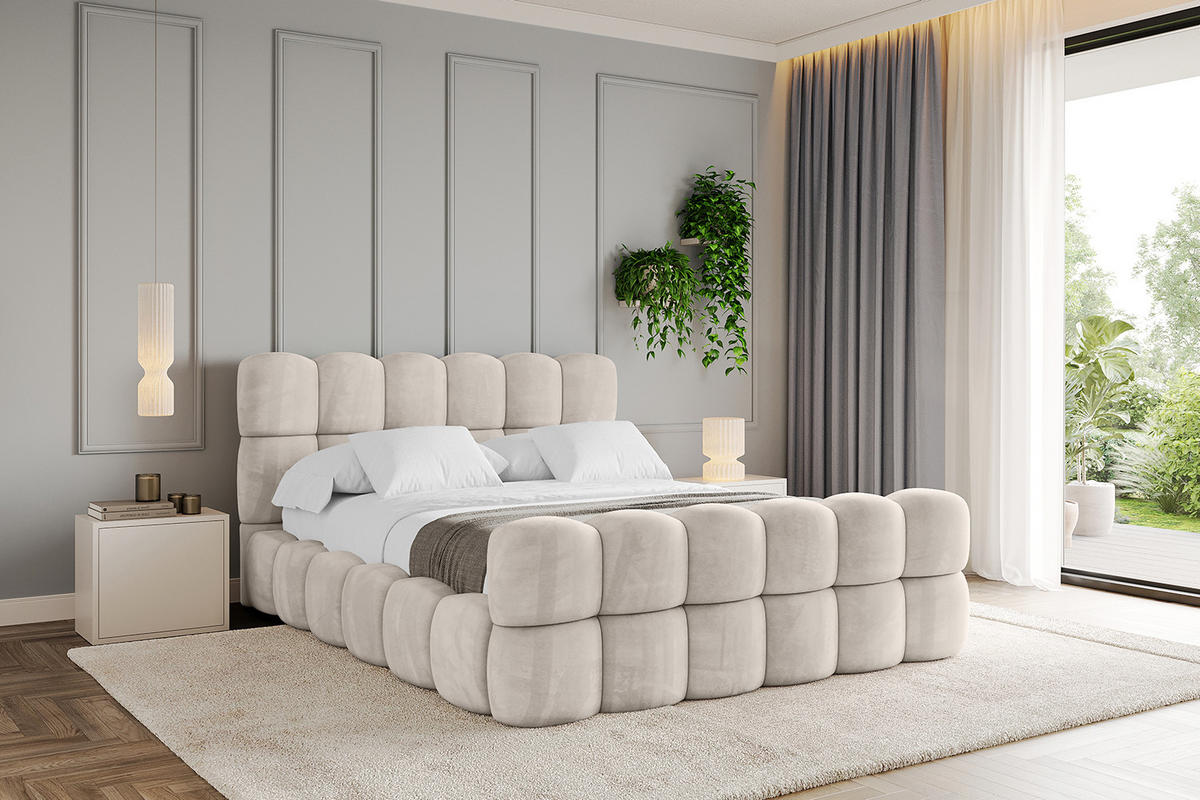 POLSTERBETT mit Bettkasten, Fußteil und Lattenrost, Bett mit Matratze H3/H4 - LEYA-Z 120x200 Beige - Beige, Holzwerkstoff/Textil (120/200cm) - ALTDECOR