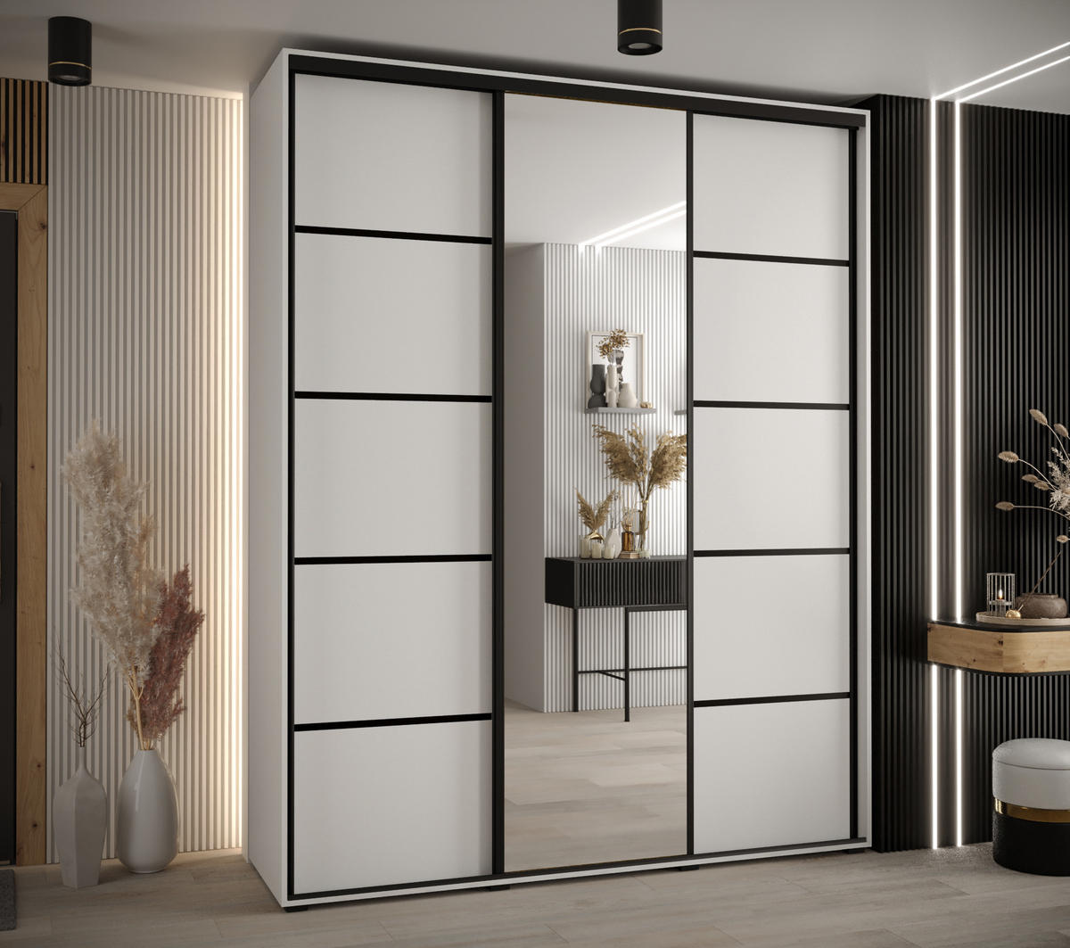 SCHWEBETÜRENSCHRANK 235,2/180/60 3-türig - Schwarz/Weiß, Holz/Metall (180/235/60cm) - Abiks Möbel