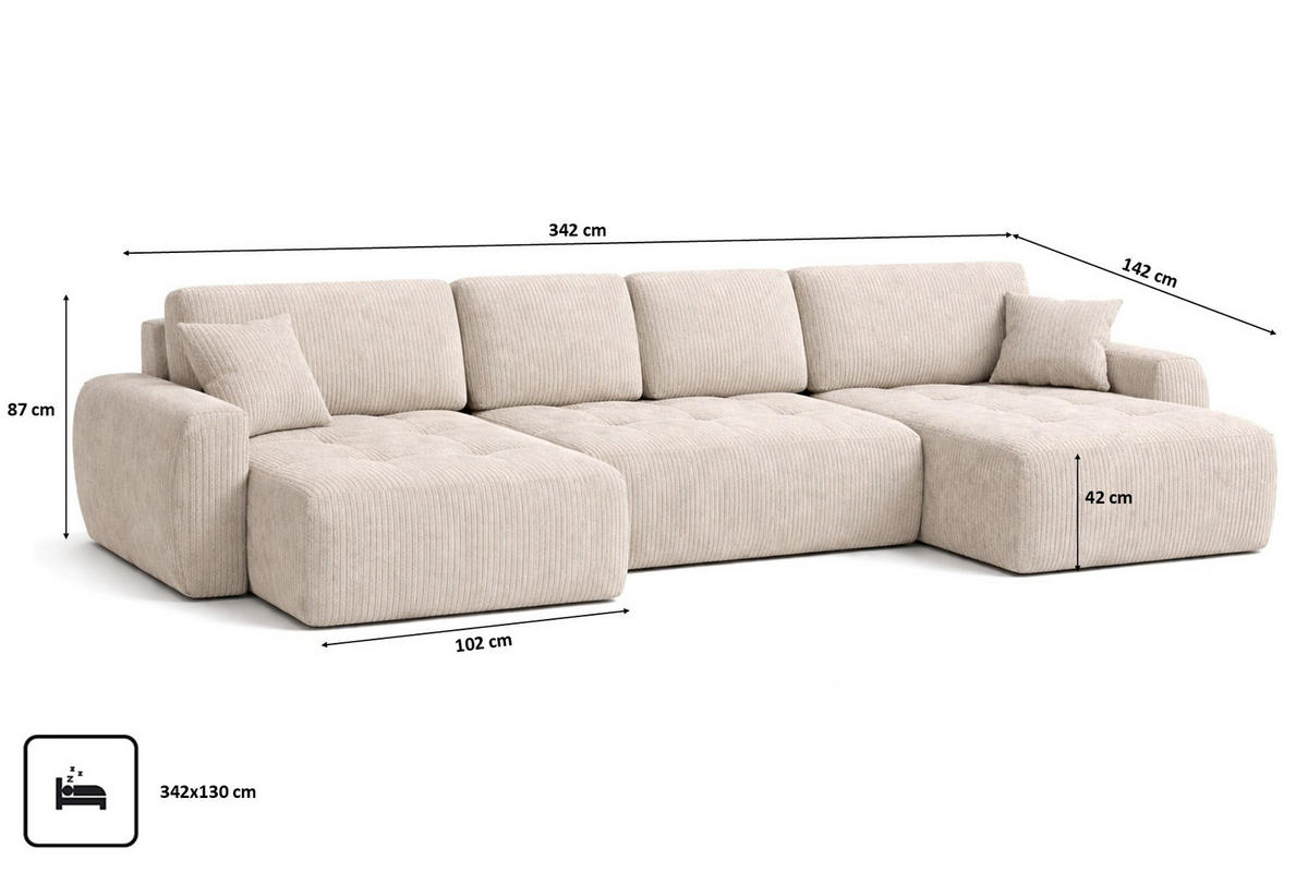 ECKSOFA Mit Schlaffunktion Und Bettkasten U-Form Ivo U, Cordstoff Poso, Beige - Beige, Holz (342/142cm) - Kaiser Möbel