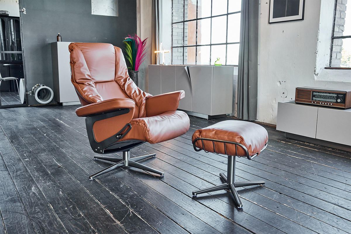 RELAXSESSEL MIT HOCKER MODO Braun Leder - Silberfarben/Braun, Leder/Metall (81/98/90cm) - KAWOLA