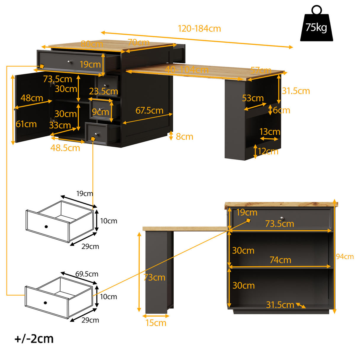 KÜCHENINSEL Ausziehbar Schubladen Rollen Holzoptik Schwarz - Schwarz, Holzwerkstoff (184/94/70cm) - FLIEKS